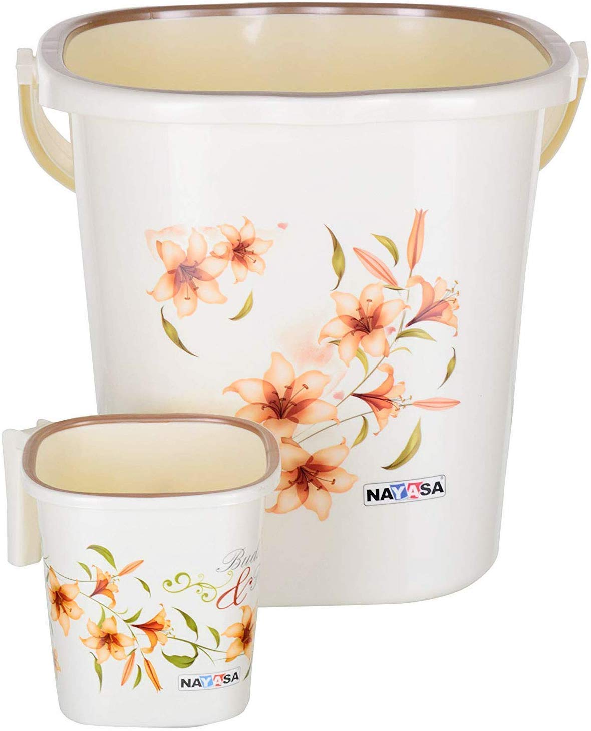 Nayasa 2 Pcs Bathroom Set | Bucket 18 Ltrs + Mug 1.5 | Modern, Glossy Beige Plastic Bathroom Set