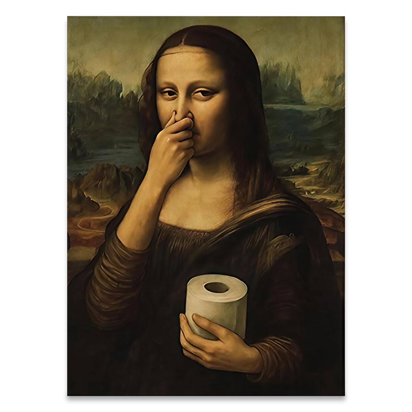 Funny Bathroom Wall Art, Humorous Mona Lisa Wall Decor, Unique Bathroom Pictures for Toilet, Unframed Vintage Canvas Poster, Novelty Mona Lisa Holding Her Nose Print for Home Office, 40x30cm/16x12in
