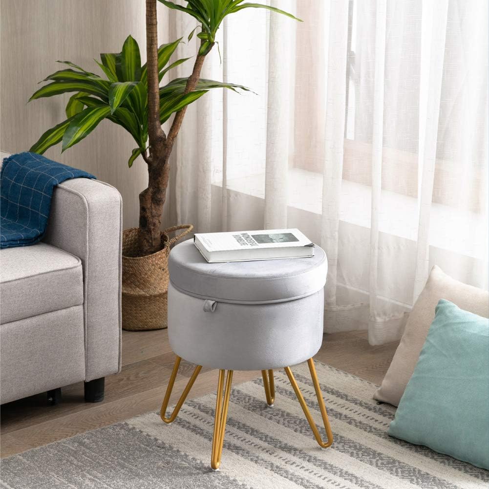 CoVibrant Velvet Vanity Stool, Modern Round Storage Ottoman with Tray for Bedroom Makeup Desk Living Room (Grey Velvet)