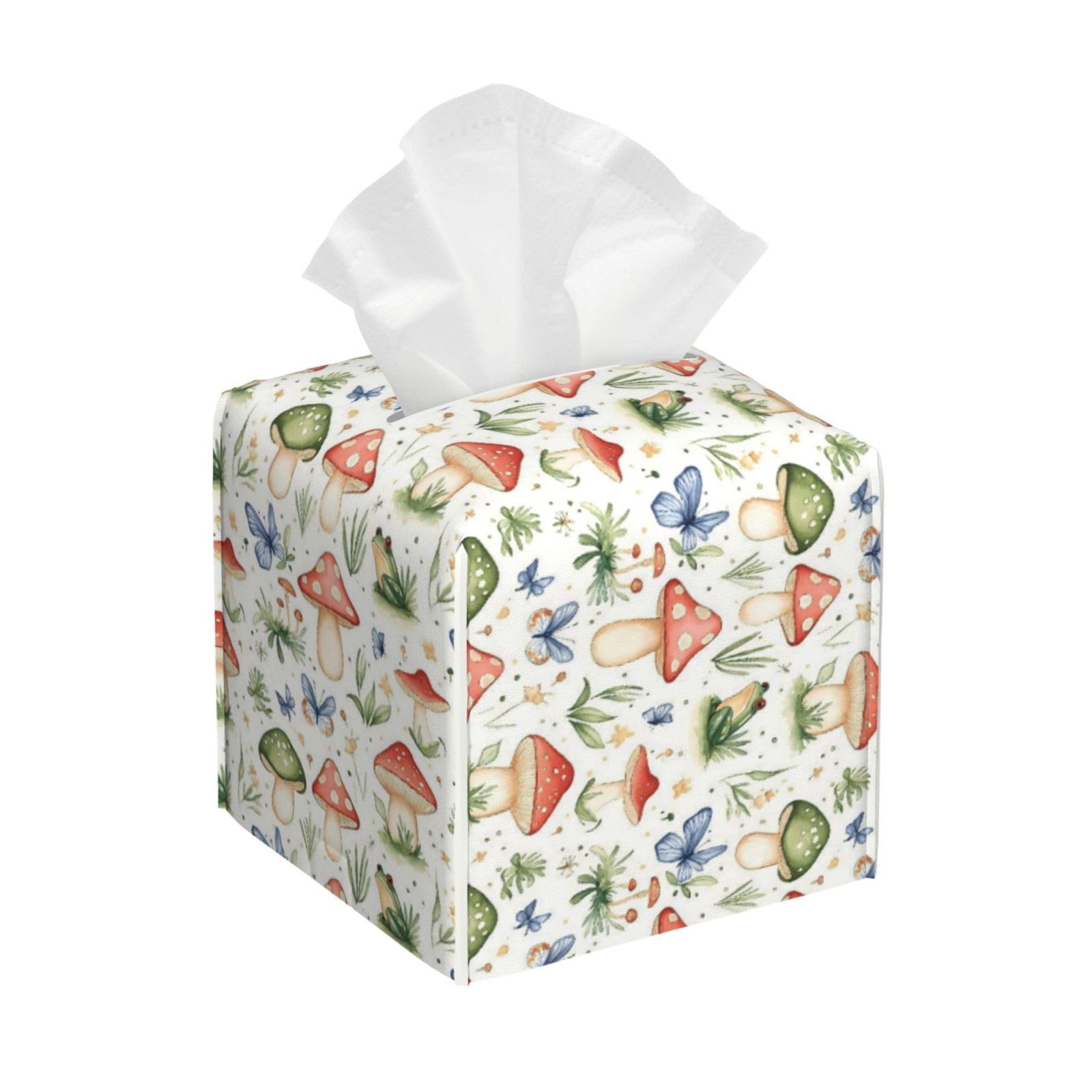 Cute Mushroom Frog Butterfly Print Tissue Box Cover Holder Square, Foldable Modern Cube Tissue Box Cover, Leather Decorative Organizer for Tabletop Bathroom Car Office Desk Decor