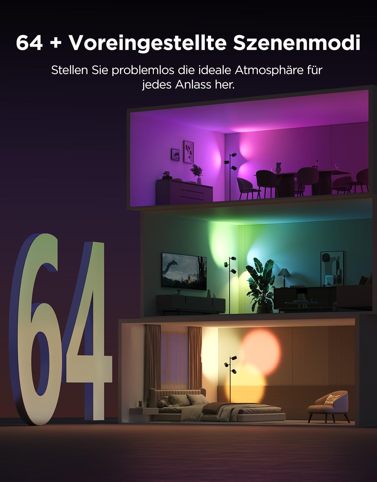 Govee 3-Flammen LED Stehlampe, RGBWW Fokus-Verstellbar, 1500lm, Matter Alexa Kompatibel, 64+ Szenen, Musik Sync, 157cm, Schwarz