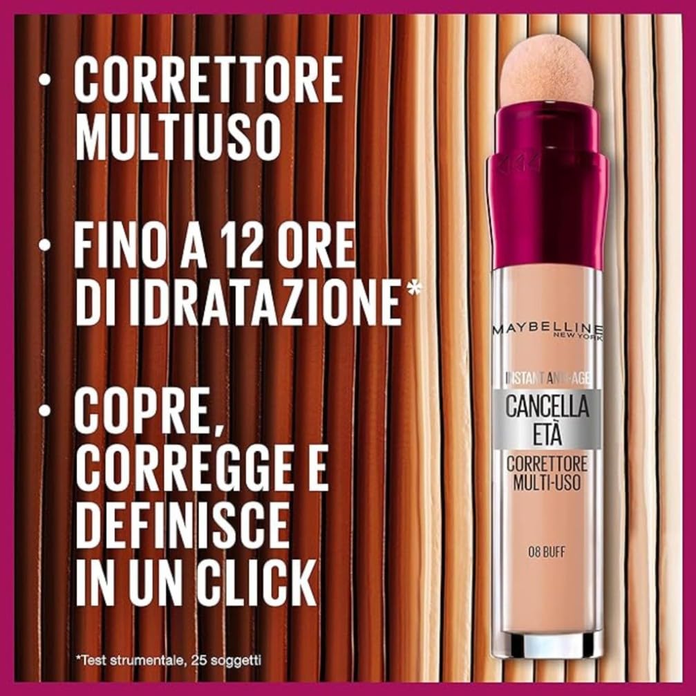Maybelline New York Correttore Multi-Uso, Idratante e con Coprenza Modulabile, Imperfezioni e Occhiaie Coperte, Con Bacche di Goji e Haloxyl, Cancella Età, Tonalità: 01 Light, 6,8 ml