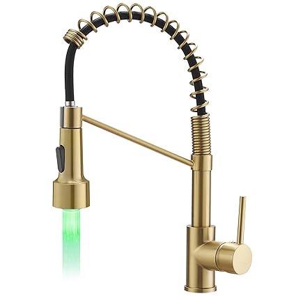 Gold Kitchen Faucet with Sprayer,AIMADI Modern Single Handle Spring Brushed Gold Pull Down Kitchen Faucet with LED Light