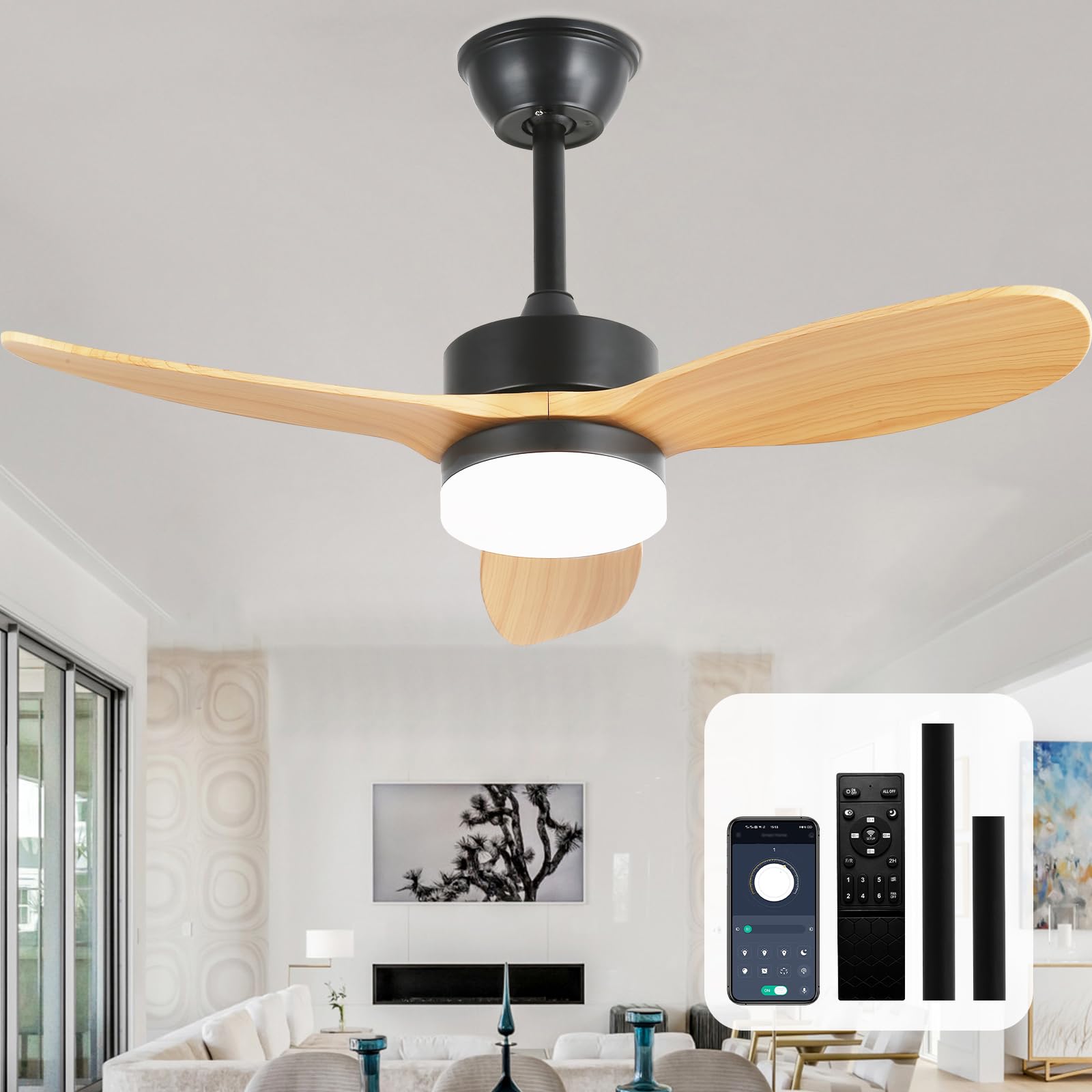 36" Dimmable Farmhouse Ceiling Fan with Light and Remote Control, Black Chandelier Fans with Lights for Indoor and Outdoor, DC Motor Fandelier with Two Rods for Patio, Living Room, Dining Room