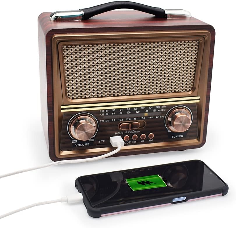 Miniatura 6 de QuantumG - Altavoz Bluetooth portátil de estilo retro clásico vintage, radio AM/FM/SW, USB y TF, exterior de madera antiguo para uso doméstico y