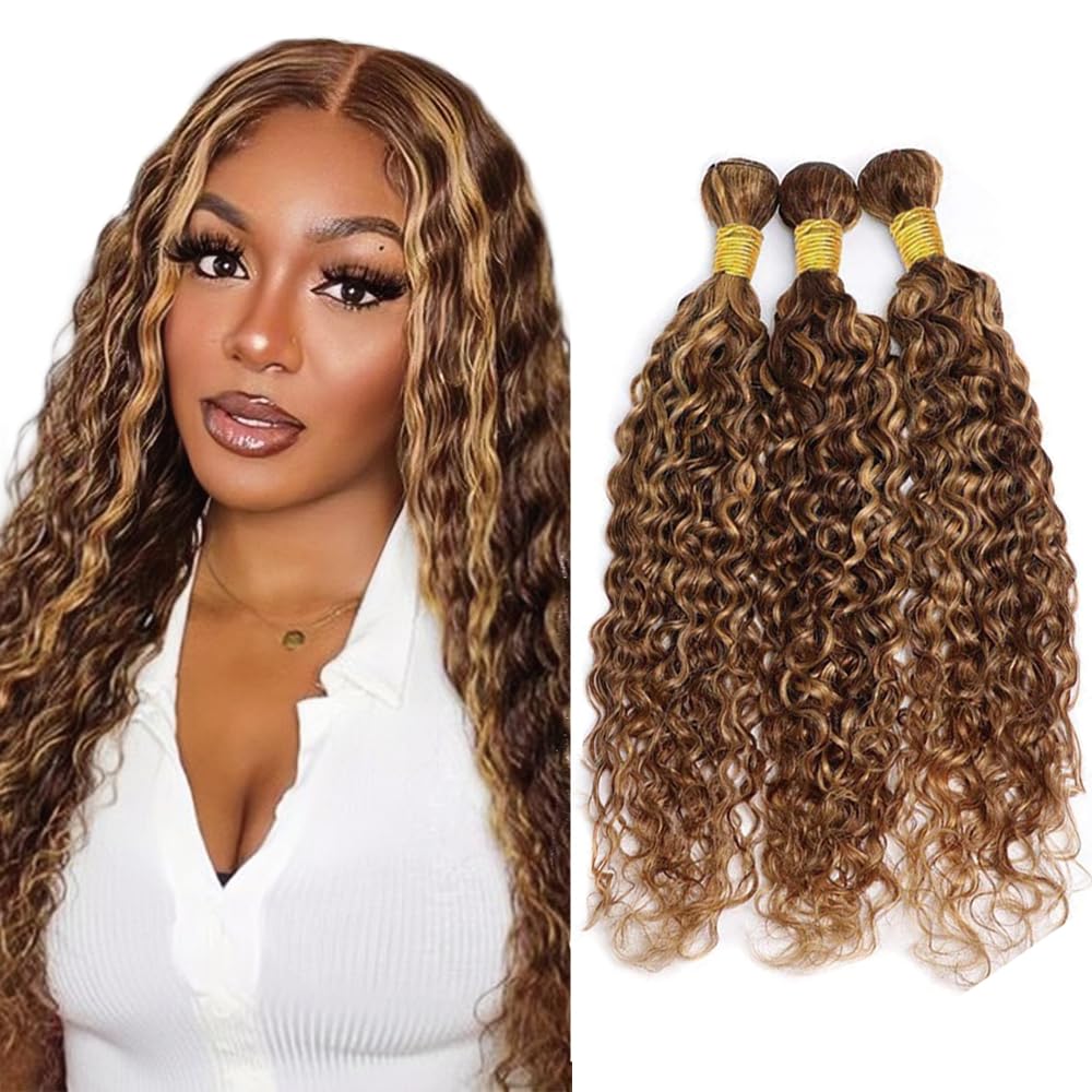 30 32 34 Inch Blonde Highlight Bundles P4/27 Water Wave Human Hair Weave Brazilian Virgin Remy Hair 3 Bundles Color 27 Bundle Hair Extensions