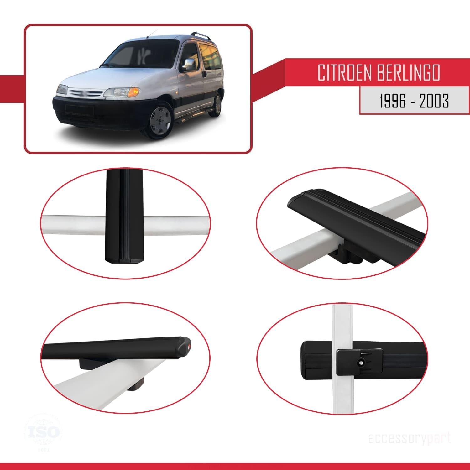 Kompatybilny z Compatible with Citroen Berlingo (M49) 1996-2003 BASIC Model Aluminiowy bagażnik dachowy 4 poprzeczki, czarne