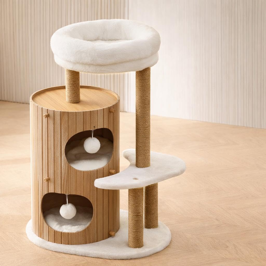 Rascador para Gatos de Madera con Cueva, Cama Superior Suave y Postes de Sisal, Estilo Tronco, 40x60x90 cm