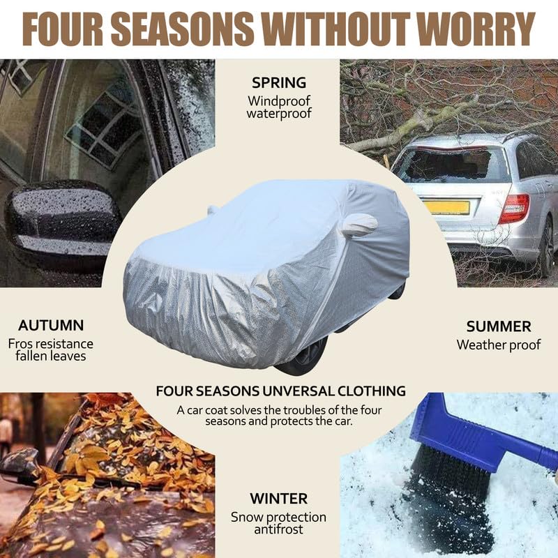 Image of Silver Check Waterproof Car Body Cover Heat and Dust Resistant Heavy Buckle Mirror Pockets Car Accessories Essentials for (Silver Check, for Volkswagon Vento)