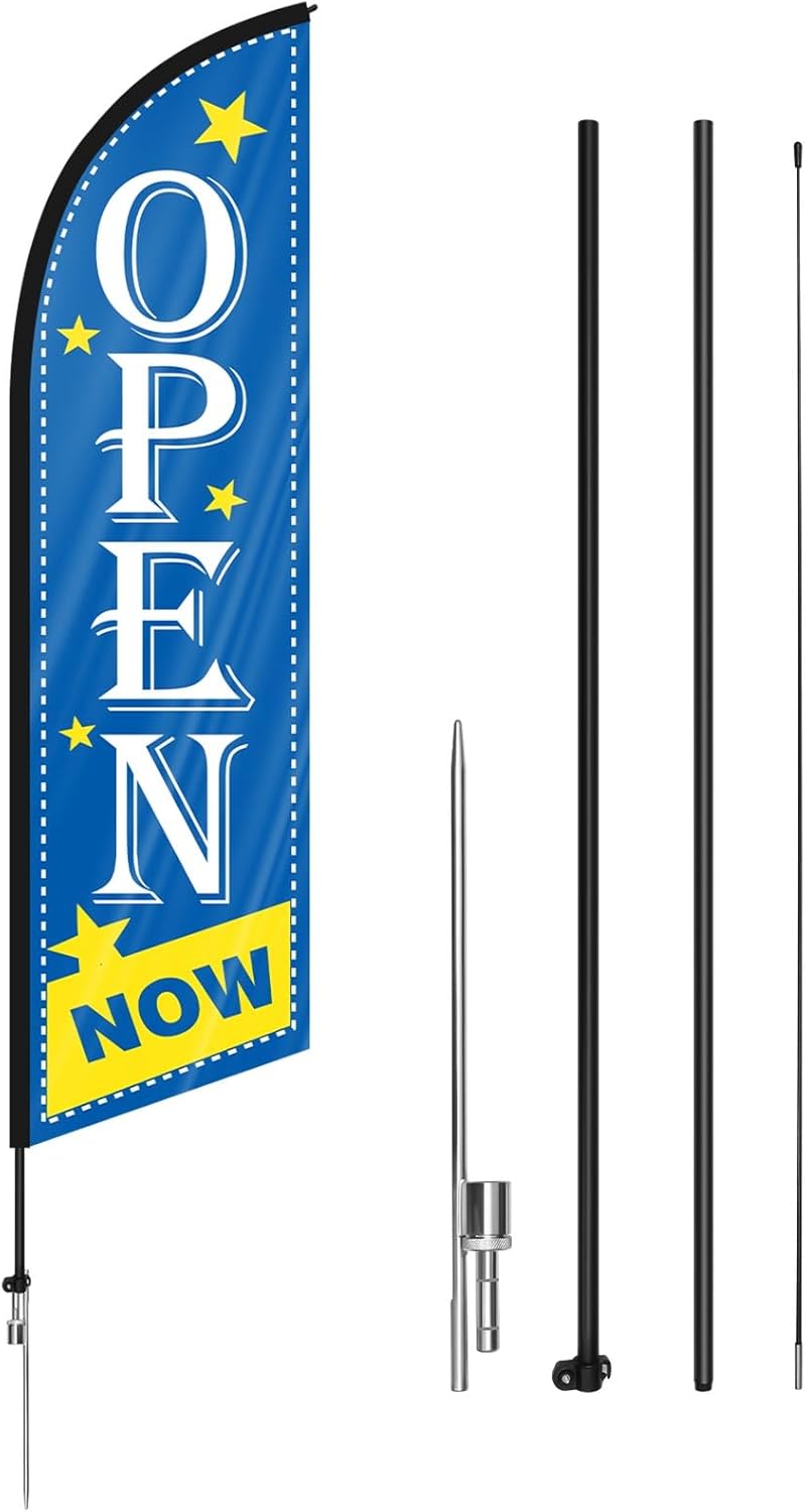 Preboun 1 Set Open Feather Flag Pole Kit Now Open Flag for Business Double Sided Swooper Advertising Flags Open Themed Feather Flag Banner for Outside Ground, 9.19 Ft, Blue