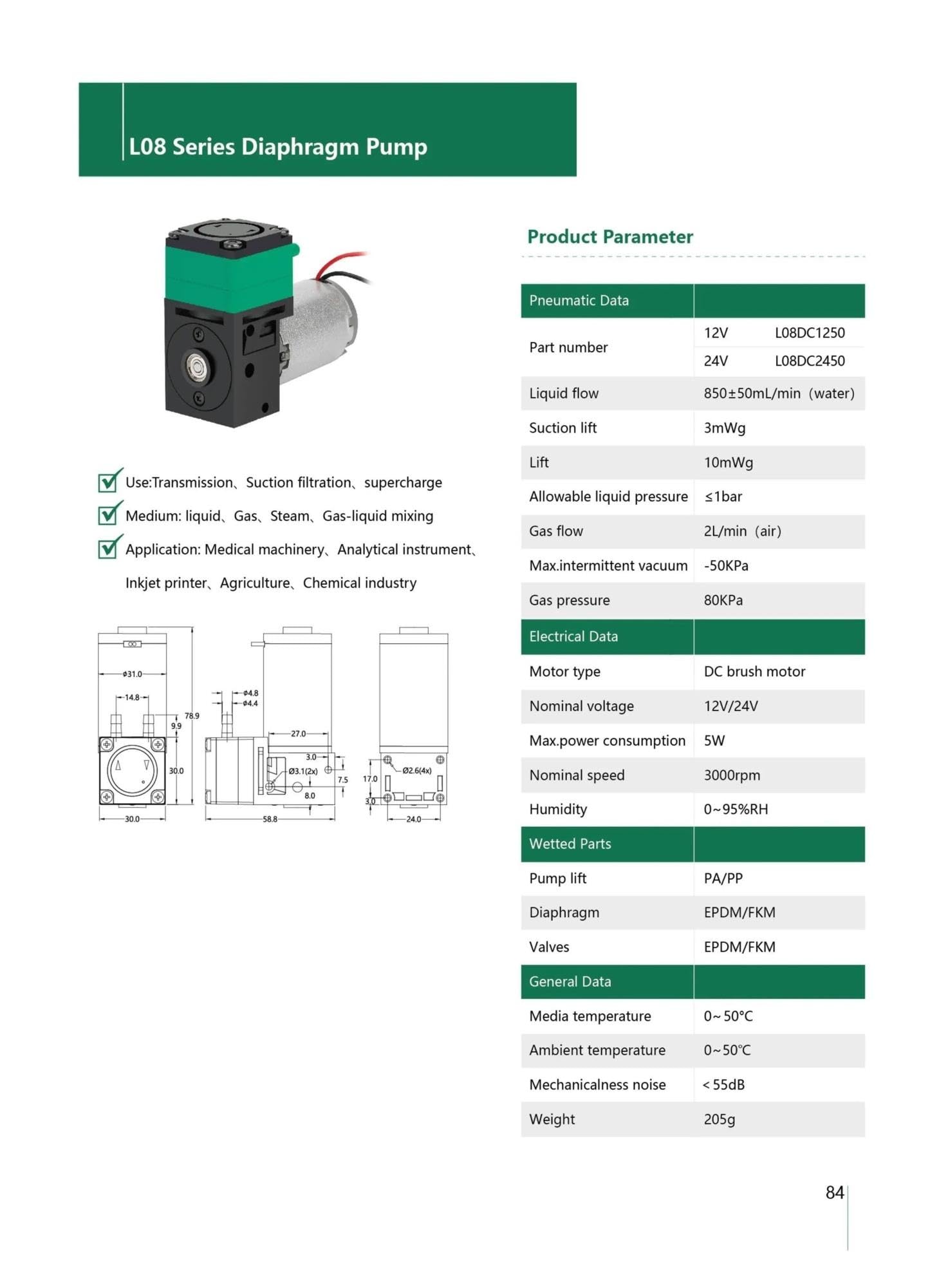 Pompa do cieczy z mikromembraną, napęd elektryczny 850 mlLPM(24V L08DC2450 FKM)
