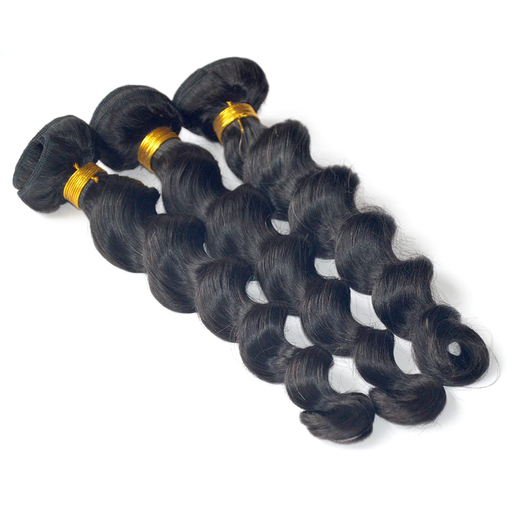 Virgin Peruvian Loose WaveVirgin Hair Human Hair Weave Extensions Wavy 3 Pieces 100g Curly Bundle 1B Black, 10.6 oz/pack (26 26 26 Inches)