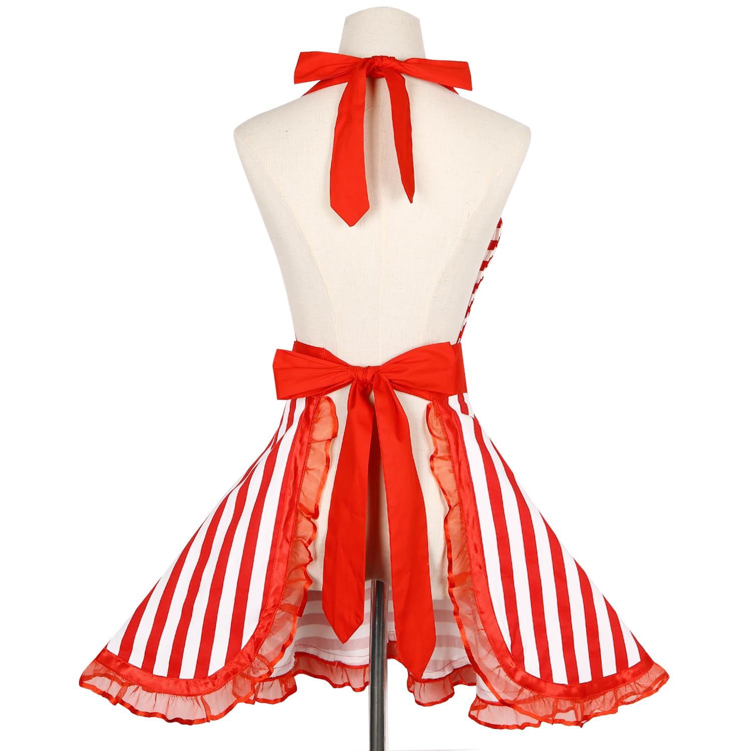 Violet Mist Cute Sweetheart Vintage Apron for Women Girls Polka Dot Retro Stylish Apron Sexy Black Dress 50s Aprons Lace Ruffle Adjustable Neck Strap Flirty Aprons Halloween Christmas Mothers Gifts: Red Striped Lace