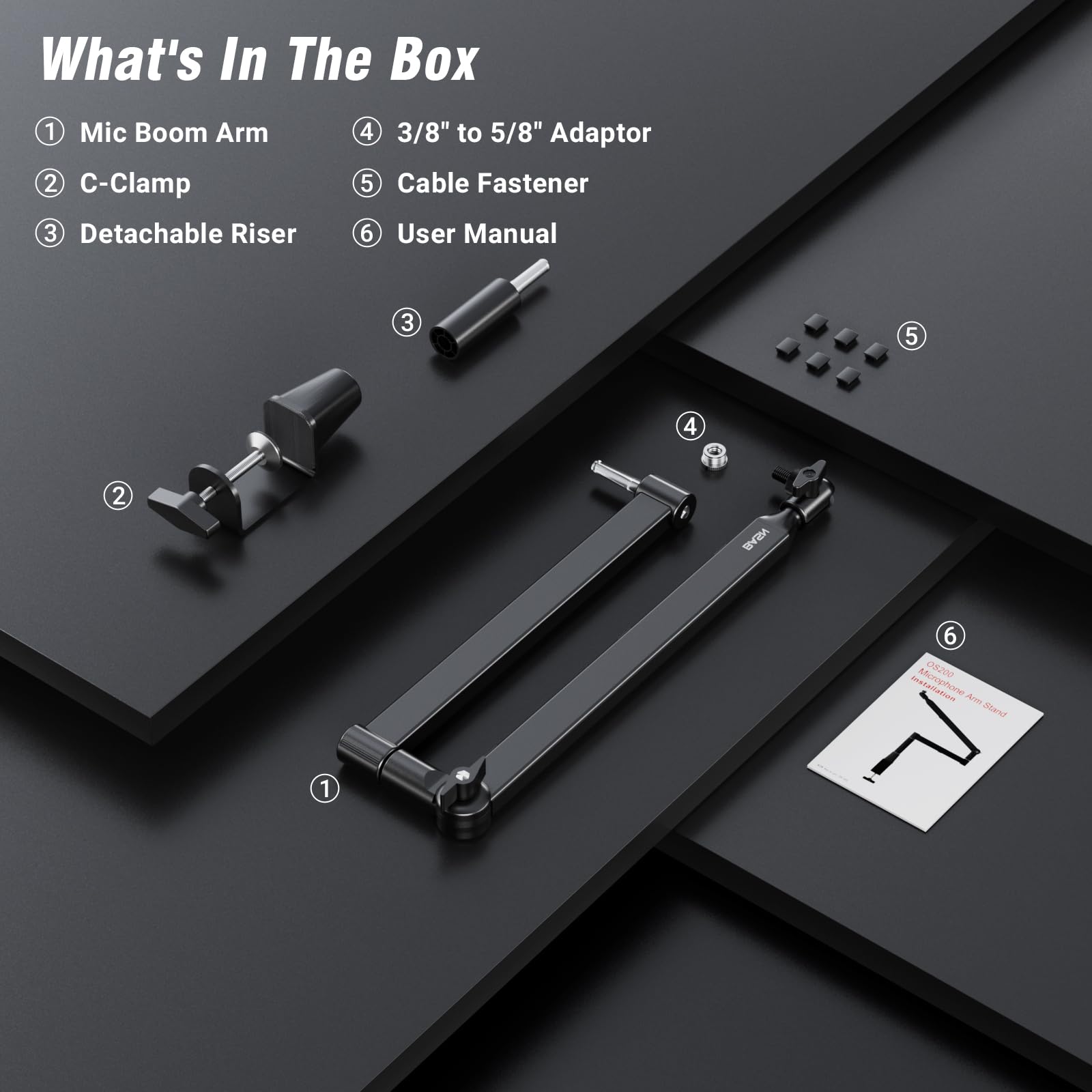 BASN Low Profile Mic Arm, Mikrofon-Galgenarm Ständer mit Tischklemme, drehbares und verstaubares Design, Kabelmanagementk, 3/8 Zoll auf 5/8 Zoll Gewindeadapter für Podcast, Gaming, Streaming