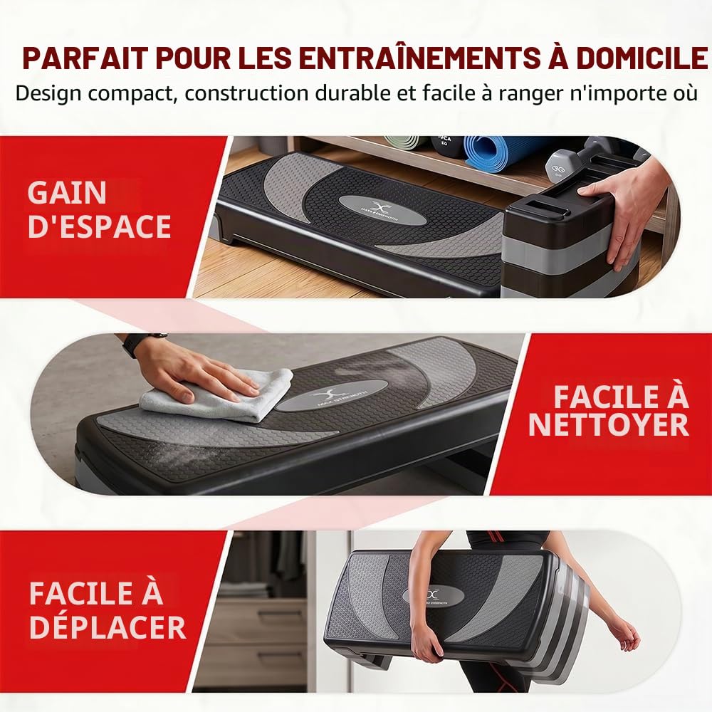 Stepper d'exercice aérobic avec 5 niveaux réglables (10/15/20/25/30 cm), cardio, poids, yoga, entraînement d'exercice, planche à pas, antidérapant pour maison/gym/bureau, routine, fitness,