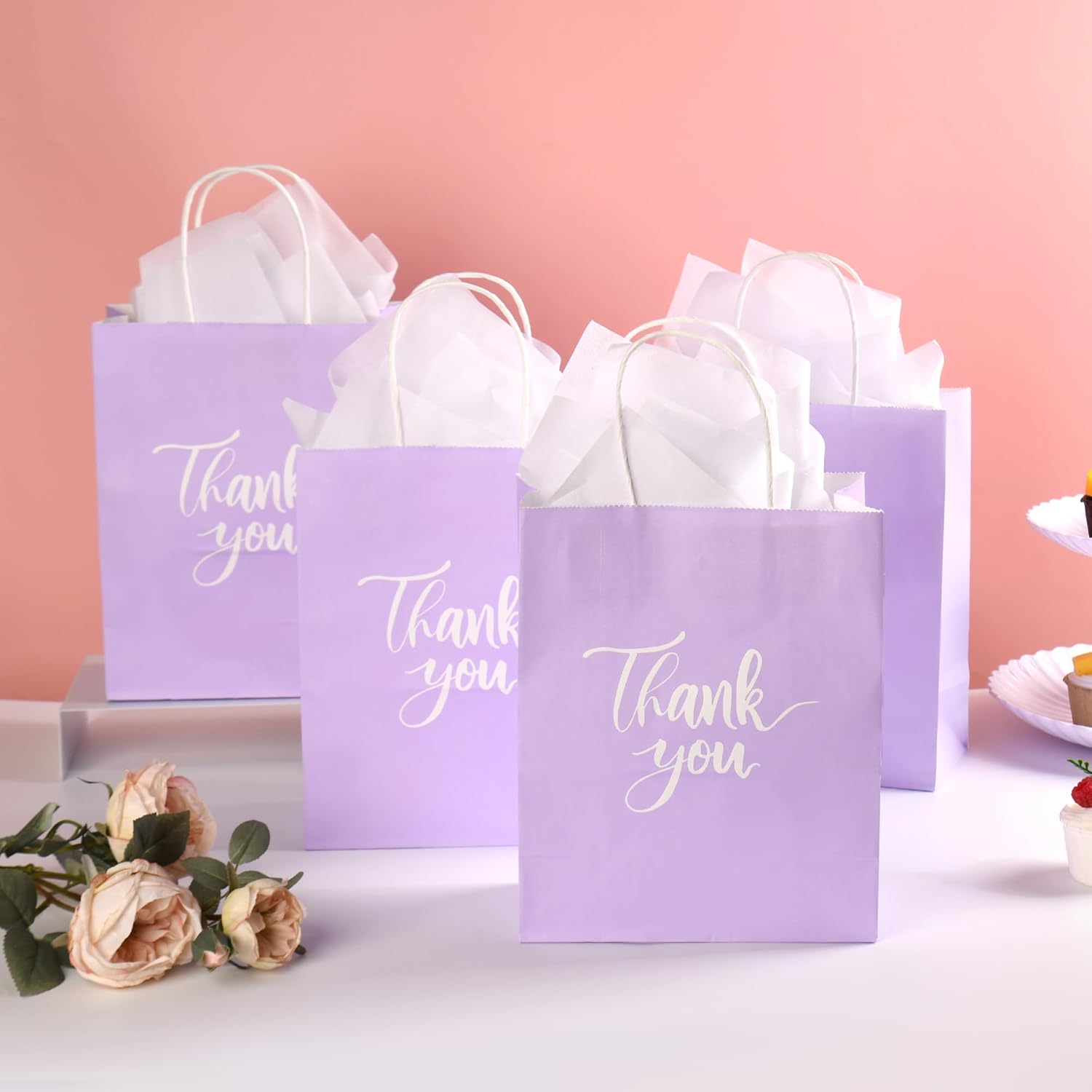 50 Pack Medium Sized Lavender Purple Gift Bags Thank You Paper Bags with Handles 10''x8''x4'' and 50 White Tissue Paper for Business, Wedding Baby Shower Birthday Party Favors, Christmas Gifts - Image 3