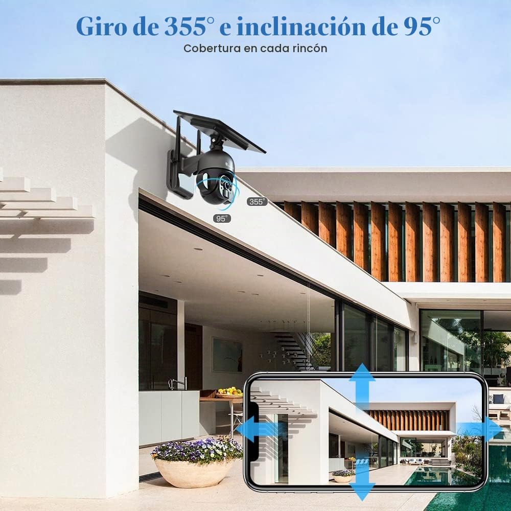 Ctronics 2.5K 4MP Camara Vigilancia WiFi Exterior Solar, Cámara con Batería | 10000mAh, Pan355° Tilt 95°, 30m de Visión Nocturna en Color, PIR de Detección de Personas, Audio Bidireccional, IP66