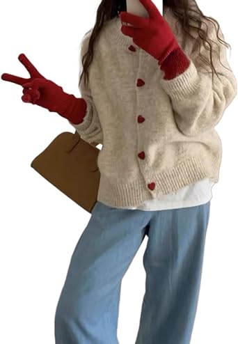 Monkay Knit Cardigan Sweaters for Women Crewneck Open Front Heart-Shaped Button Down Spring Outfits Long Sleeve Jacket