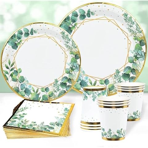 Disposable Paper Plates Cups and Napkins Vintage Sage Green Tableware Banner Gold Straws Table Cloth for Wedding Baby Shower Bride to Be Tea Birthday Party Plates 24 Guests Cover