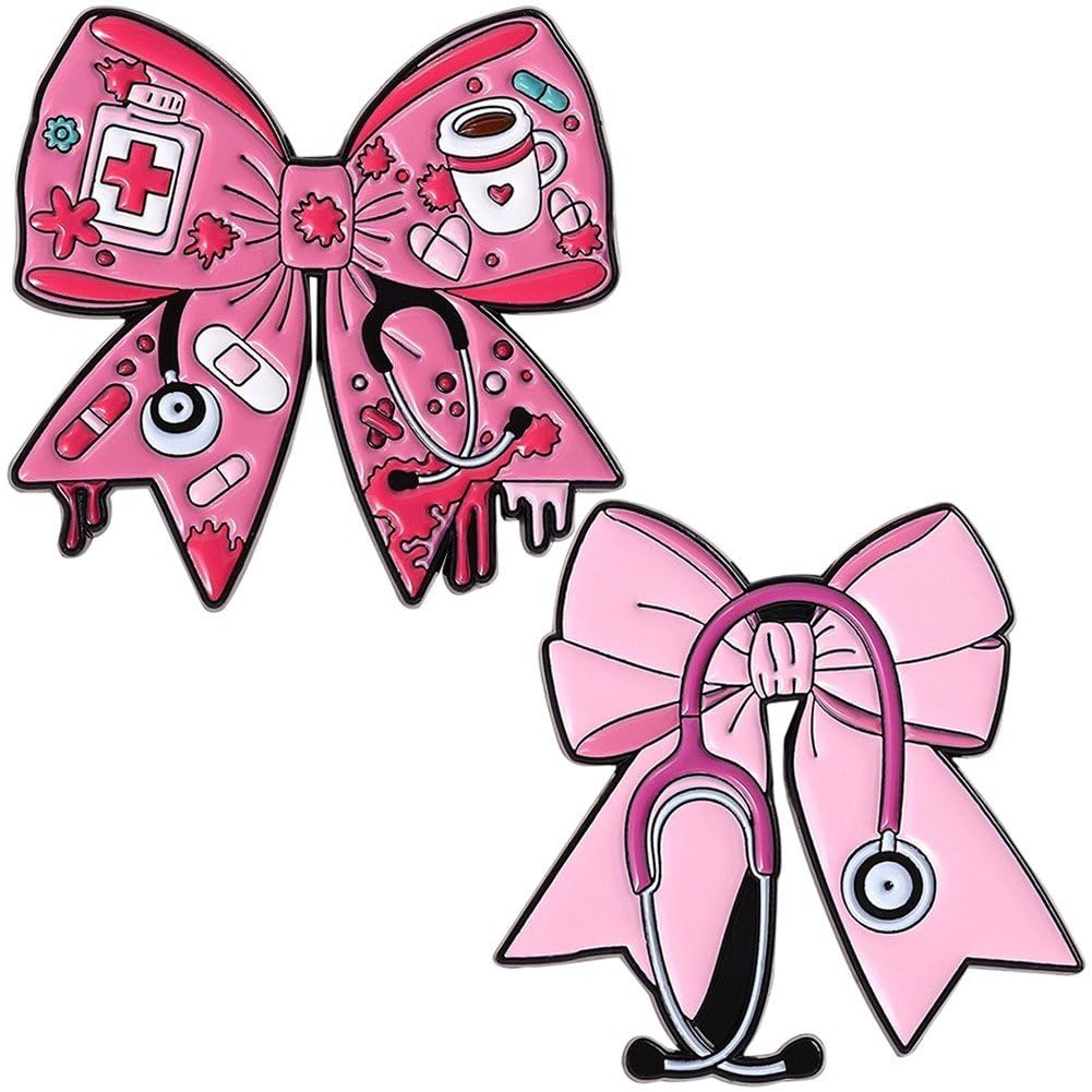 Caeanhi 2pcs Nurse Bow Pins Cute Pink Medical Stethoscope Brooch Lapel Pin Set Healthcare Worker Badge Accessories