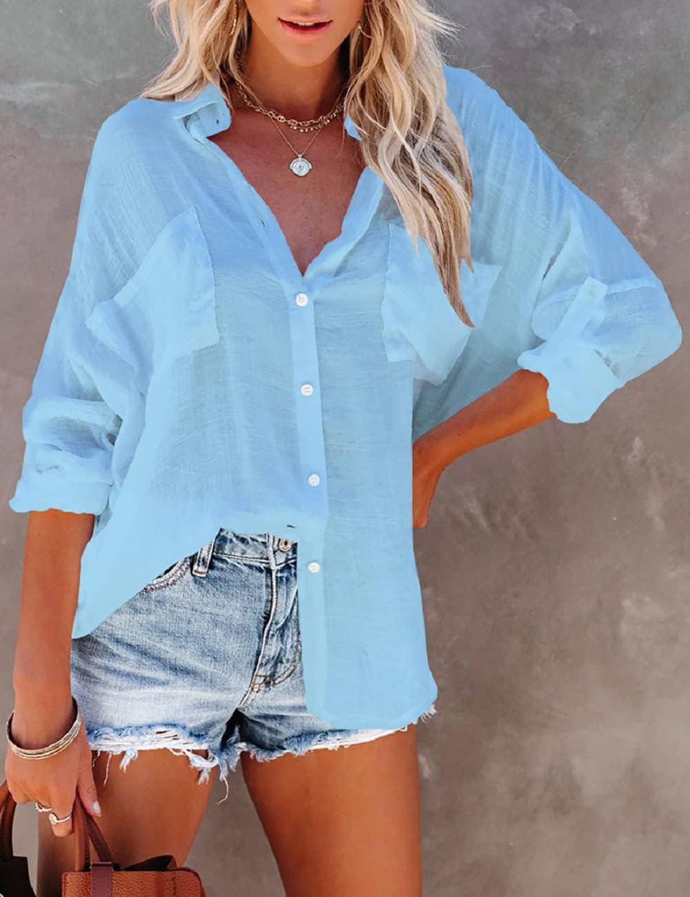 Bsubseach Button Down Swim Cover Up Shirt Sexy Long Sleeve Beach Blouse Bathing Suit Cover Ups for Women - Image 7