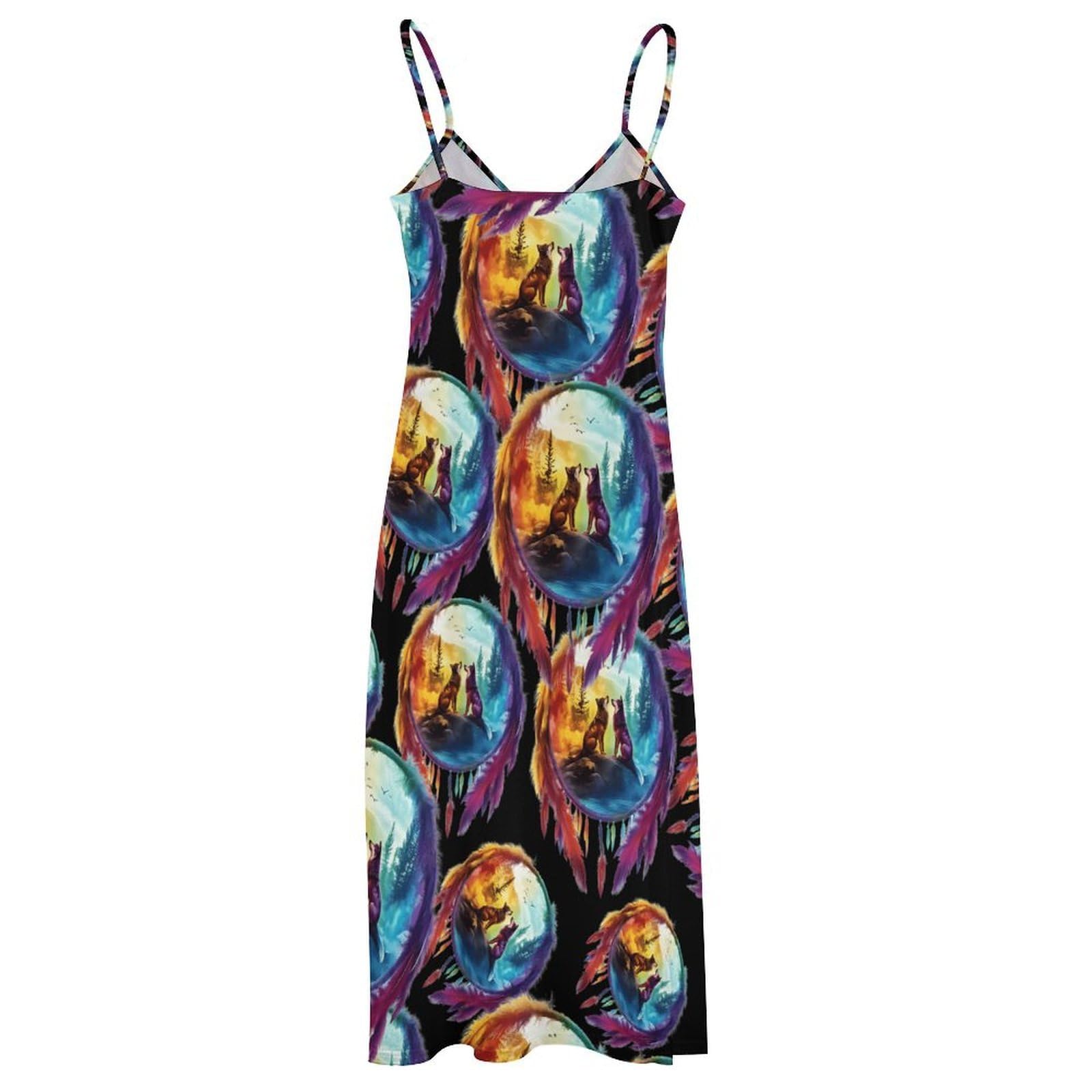 Wolf - Vestido casual para mujer, con diseño de atrapasueños, ajustable, largo hasta el tobillo, con volantes, vestido de verano fluido