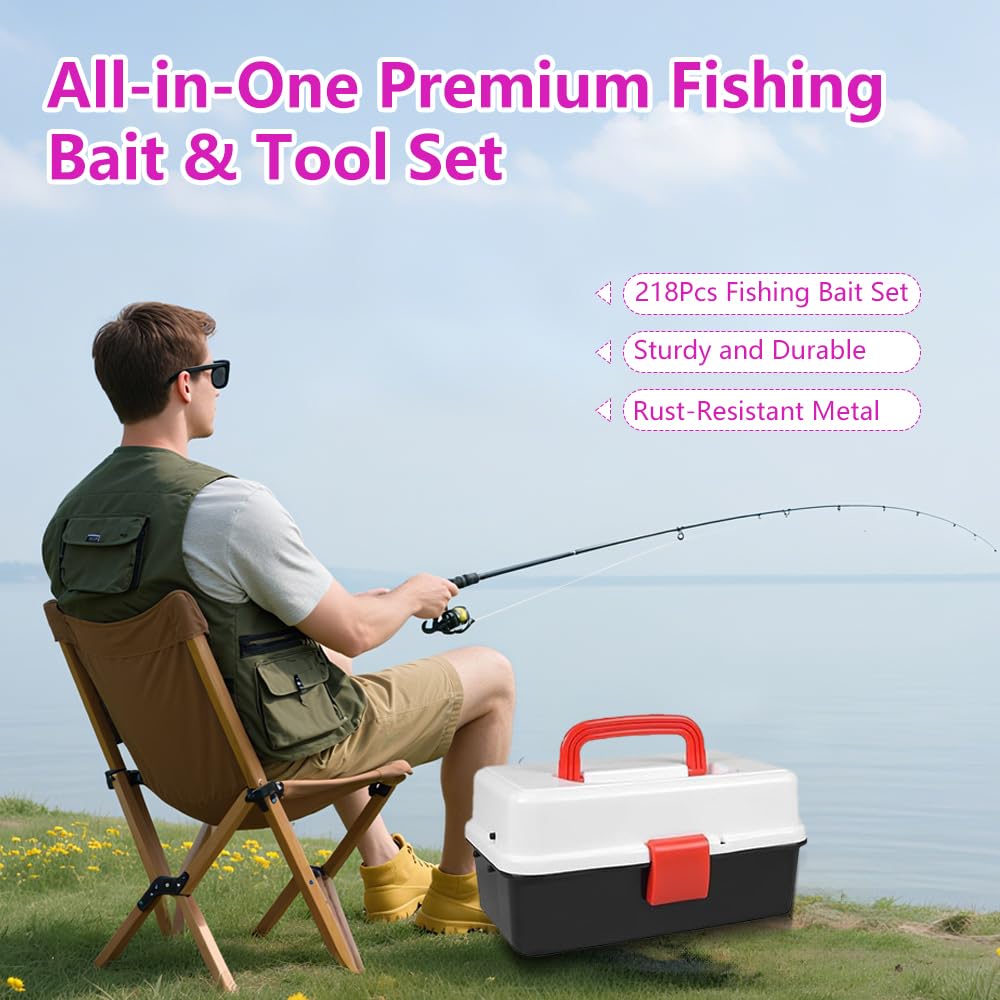 Angelzubehör Set, Angelkoffer mit Zubehör, 218 PCS Angel Köder Set mit Haken, Angelköder, Angelausrüstung, Angelköder Set, Angelset Komplett Anfänger, Angelköder für Barsch, Bluegill, Crappie