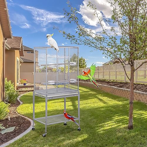 ZENY-53-Inch-Bird-Flight-Cage-Wrought-Iron-Standing-Large-with-Rolling-Stand-for-Cockatiels-Pet-Parrot-Parakeet-Lovebird-Canary-Finch-White