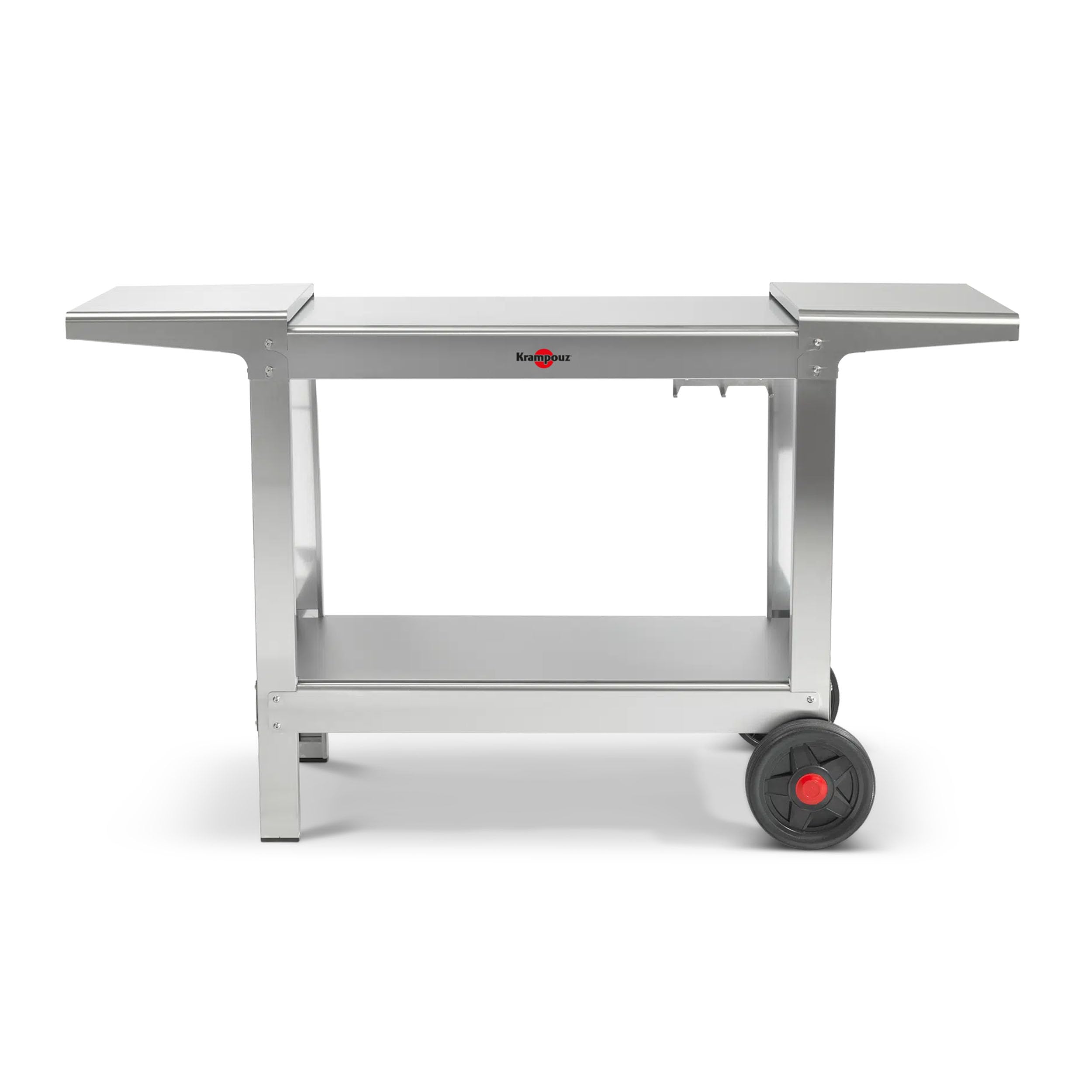 KRAMPOUZ Outdoor-Wagen Plein AIR für Planchas oder Grillgeräte - Servierwagen aus Edelstahl - 2 große Ebenen - 2 große Räder - 2 herunterklappbare Seitenteile mit Haken von Utensilien