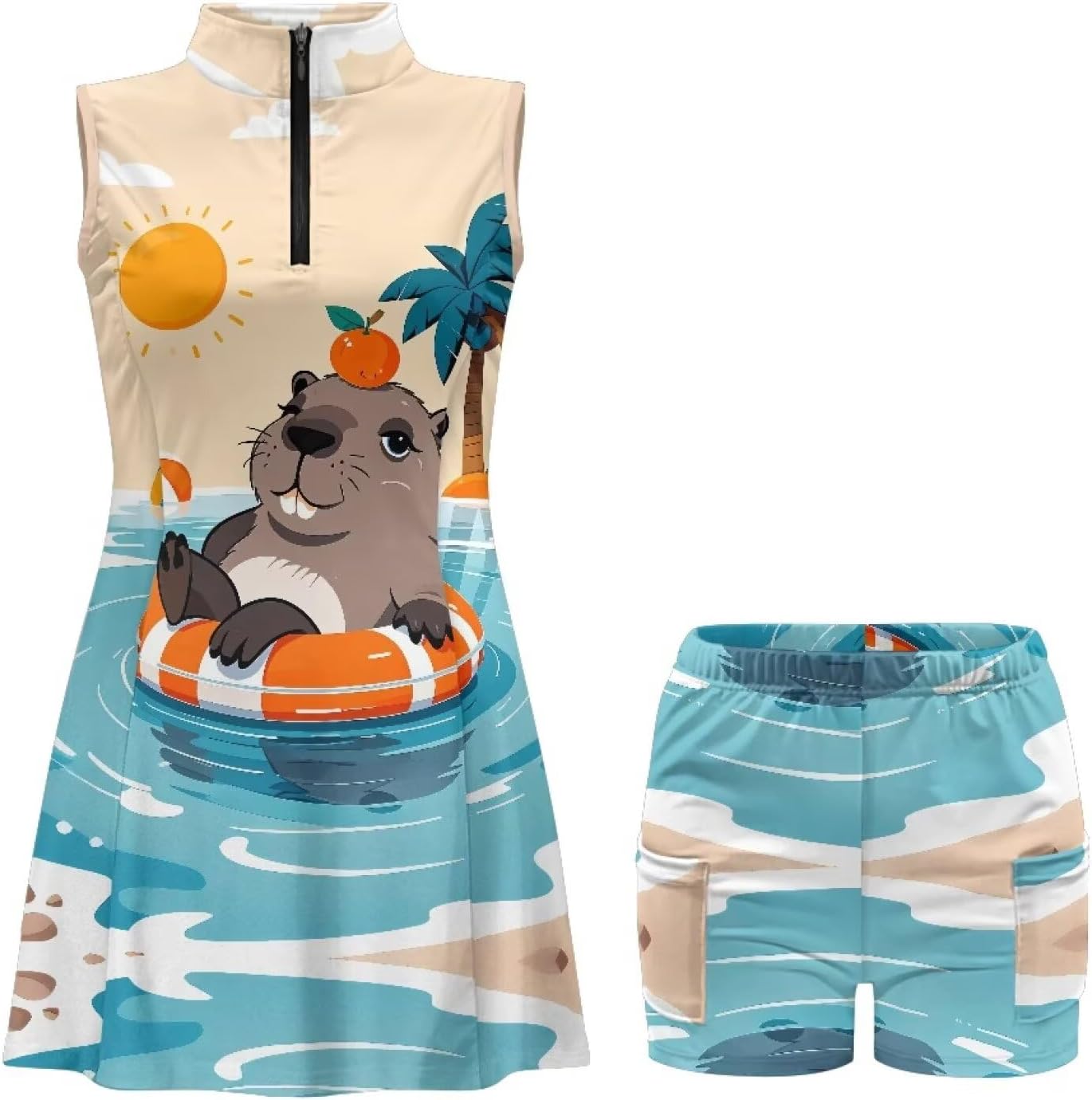 Peony Butterfly Women's Tennis Dress, Capybara Polo Sleeveless Zipper Dresses, Ditsy Flower Workout Golf Outfits