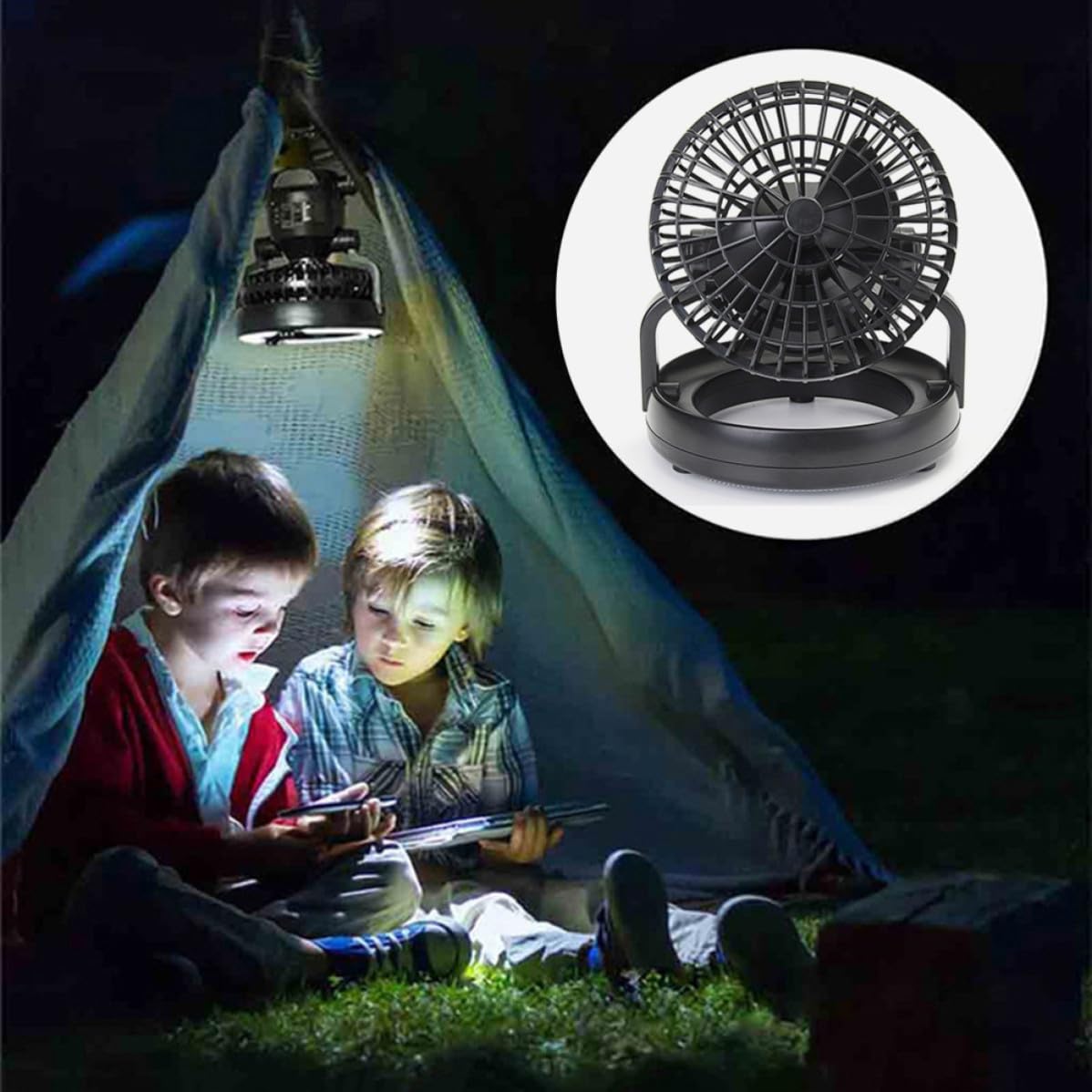 Lampada da Tenda da Campeggio LED con Ventilatore, 2 Pezzi | Abs Nero, Gancio Integrato, 18 Led, Can Use Separately, Atmosfera Estiva