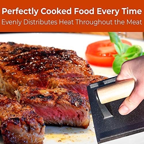 Versatile Safe-Touch 8x4in Cast Iron Grill Weight 1pc. Perfect Meat Press With Wooden Handle for Crispy Bacon Evenly Cooked Steak and Healthier Burgers. Great for Flat Top, Oven, Griddle and Skillet.