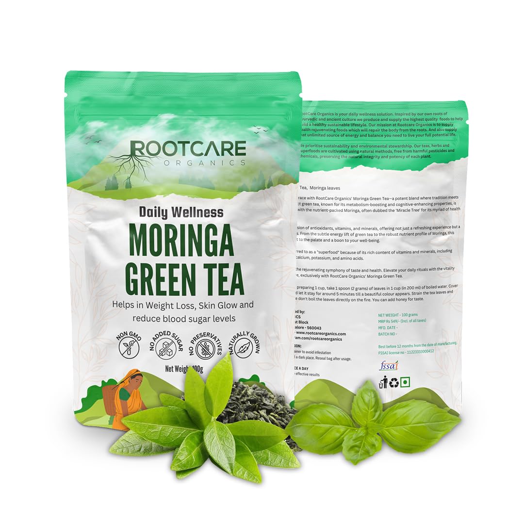 Rootcare Organics Premium Moringa Green Tea - With Green Tea and Moringa Leaves - Supports Weight Loss, Promotes Skin Glow,Helps Reduce Blood Sugar Levels - Antioxidant-Rich | Pack Of 1 Month | 100g (B0CHYGBVV1) Amazon Price History, Amazon Price Tracker