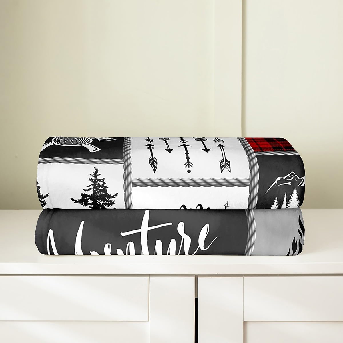 Happy Camping Throw Blanket Wild Trees Natural Mountain Wild Fish Fleece Blanket for Kids Teens Adults Red Black Gray Grid Farmhouse Style Flannel Blanket for Office Chairs Twin 60x80