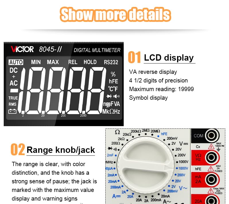 VICTOR VC8045-II Digital Multimeter LCD display and range knob details
