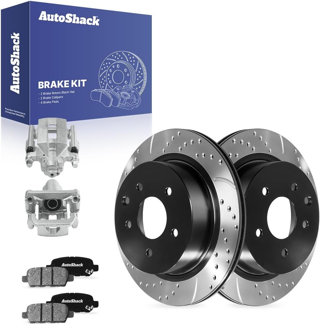 AutoShack Rear Vented Drilled & Slotted E-Coated Brake Rotors + Ceramic Pads + Calipers 8-PC Brake Kit Replacement for 2008-2013 Nissan Rogue ShadowGuard 11.49" (291.8 mm)