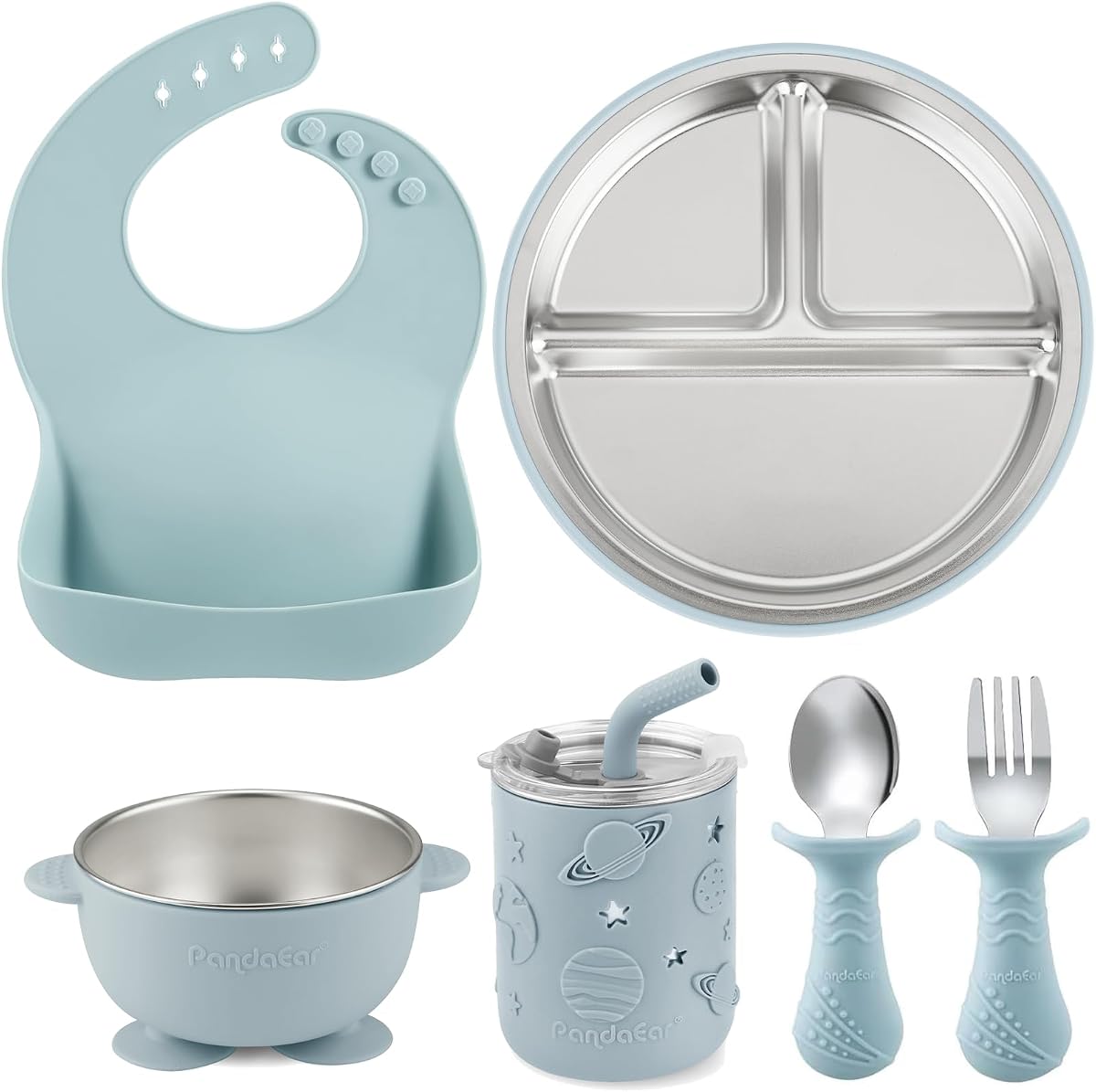 Juego de alimentación para bebés de acero inoxidable 6 en 1 de PandaEar | Placa de succión dividida, tazón, taza para sorber con paja, babero, cuchara y tenedor | Esenciales de alimentación para niños pequeños sin BPA para autoalimentación (azul)