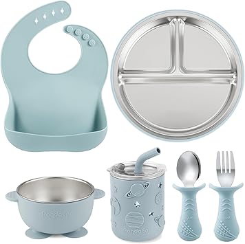PandaEar 6-in-1 Stainless Steel Baby Feeding Set | Divided Suction Plate, Bowl, Sippy Cup with Straw, Bib, Spoon & Fork | BPA-Free Toddler Feeding Essentials for Self-Feeding Blue
