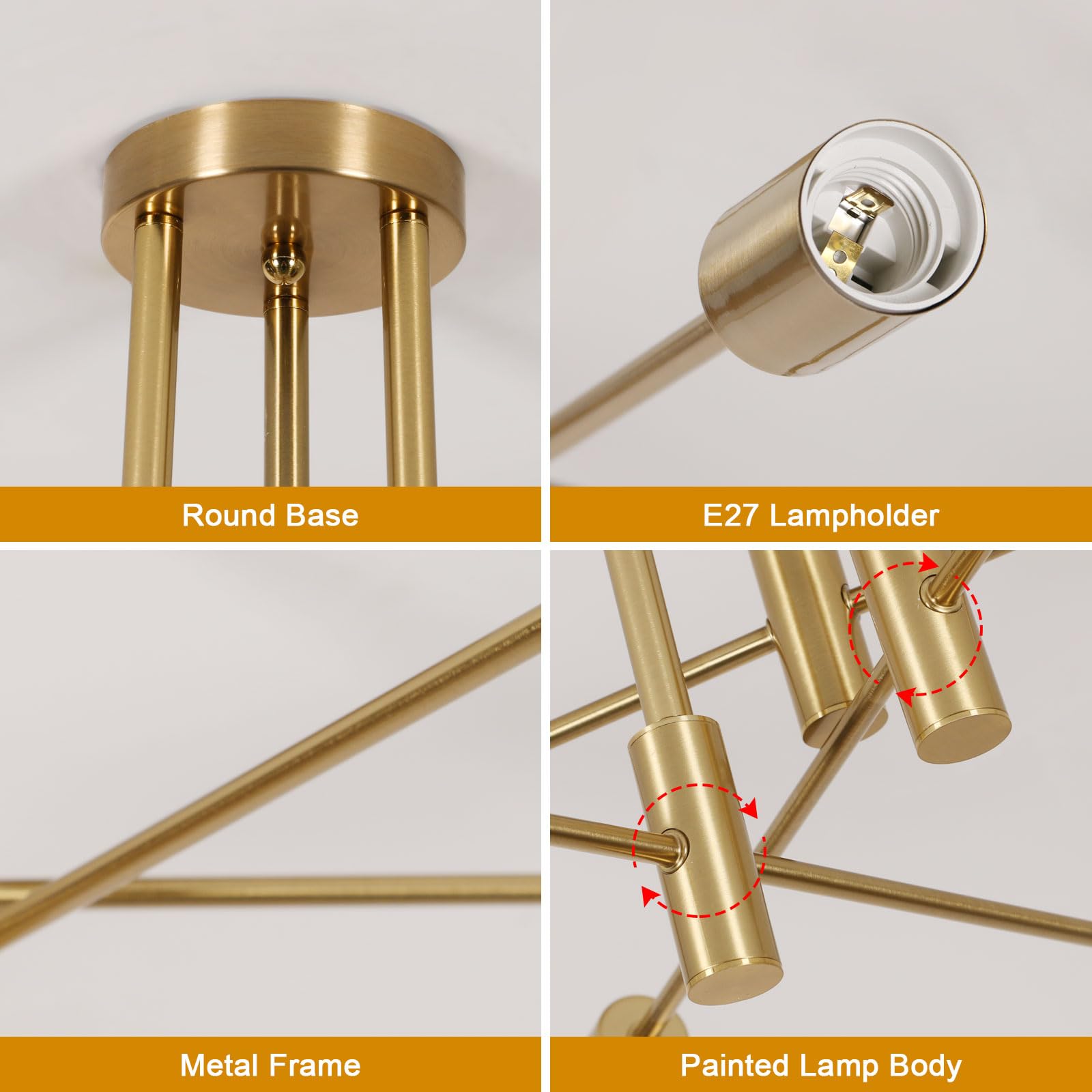 Goeco Lustre Sputnik Industriel 6 Lumières Douille E27 Lampe Suspension Vintage Plafonnier Doré Moderne en Metal pour Salon Chambre Cuisine, Max.60W Ampoules non incluses