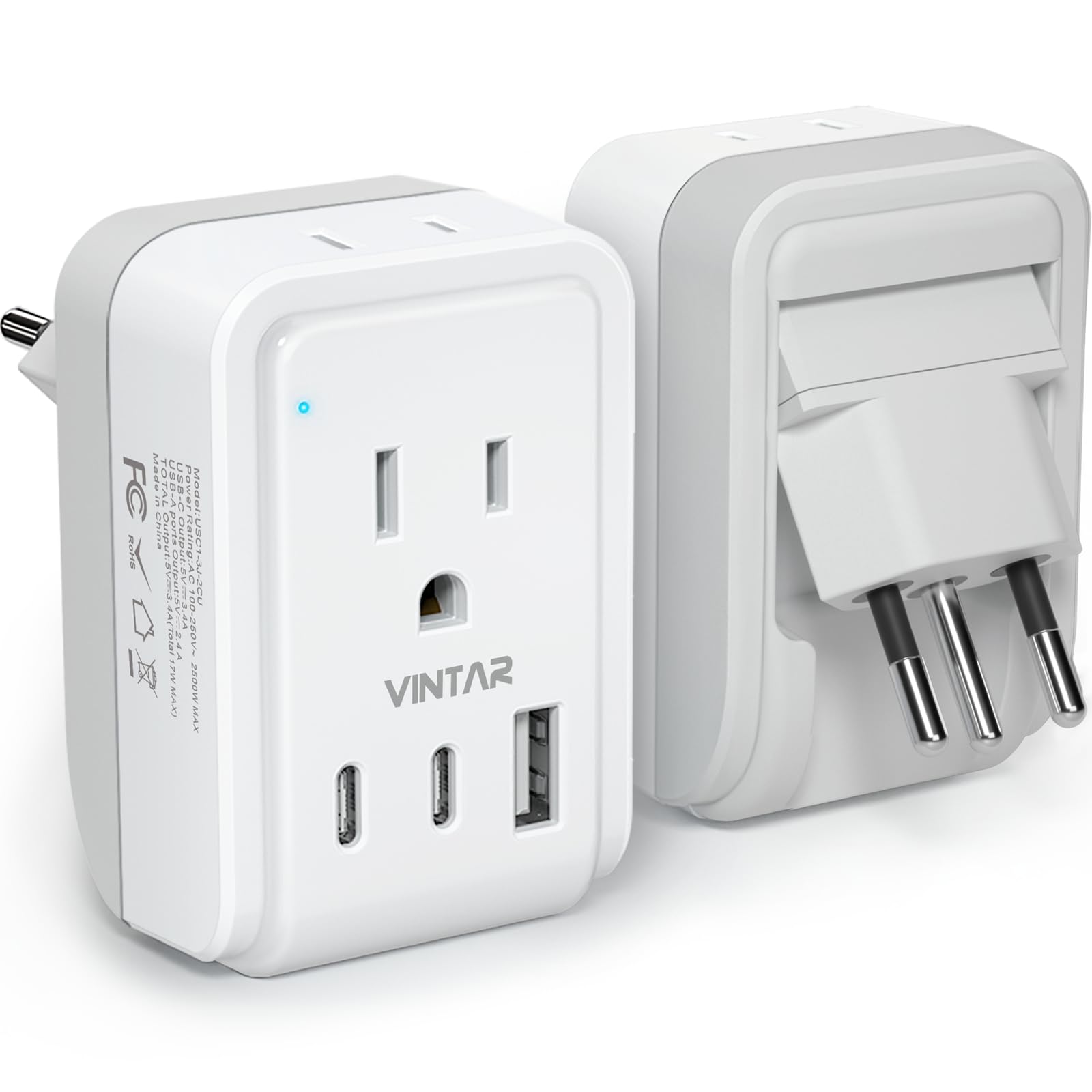 1 Pack Switzerland Travel Plug Adapter, VINTAR Foldable Type J Adapter with 2 AC Outlets，3 USB Ports(2 USB C) for US to Switzerland Rwanda Liechtenstein