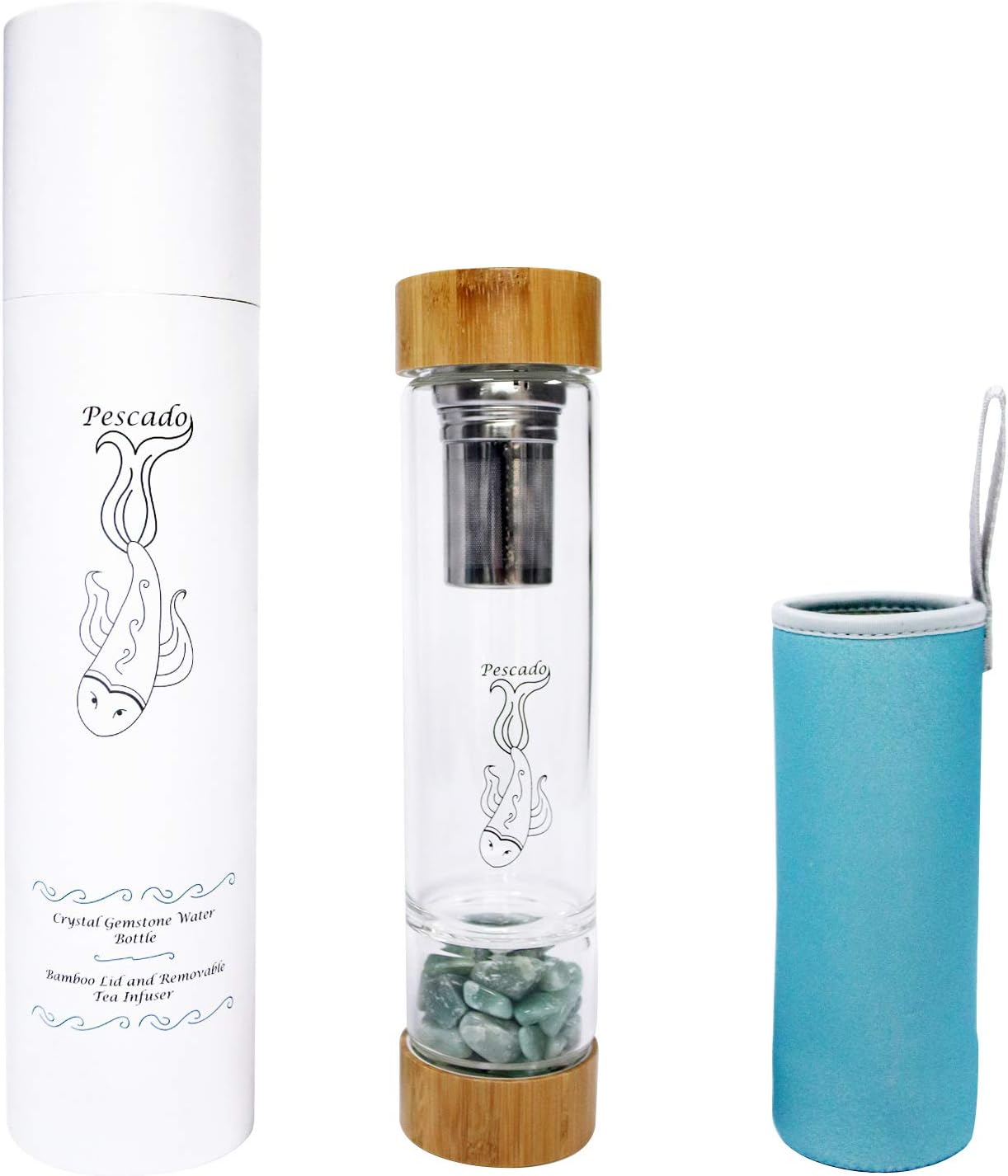 Pescado eco-friendly gemstone glass water bottle| removable tea infuser|bamboo lid |BPA free| recyclable|dishwasher safe| sleeve| 550ml