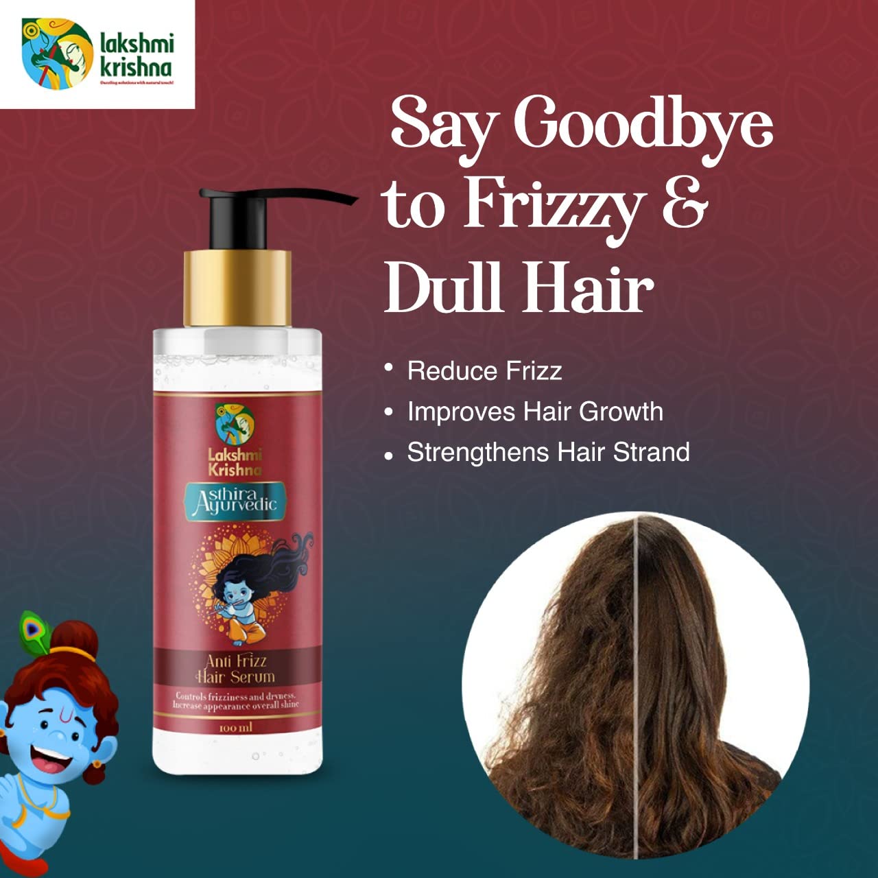 Lakshmi Krishna Natural Anti-Frizz Hair Serum-100ml Formulated with Olive Oil,AmlaJojoba Oil and Hibiscus Oil ||Tame Your Frizz with Our Advanced Anti-Frizz Hair Serum – Say Goodbye to Unmanageable Hair||