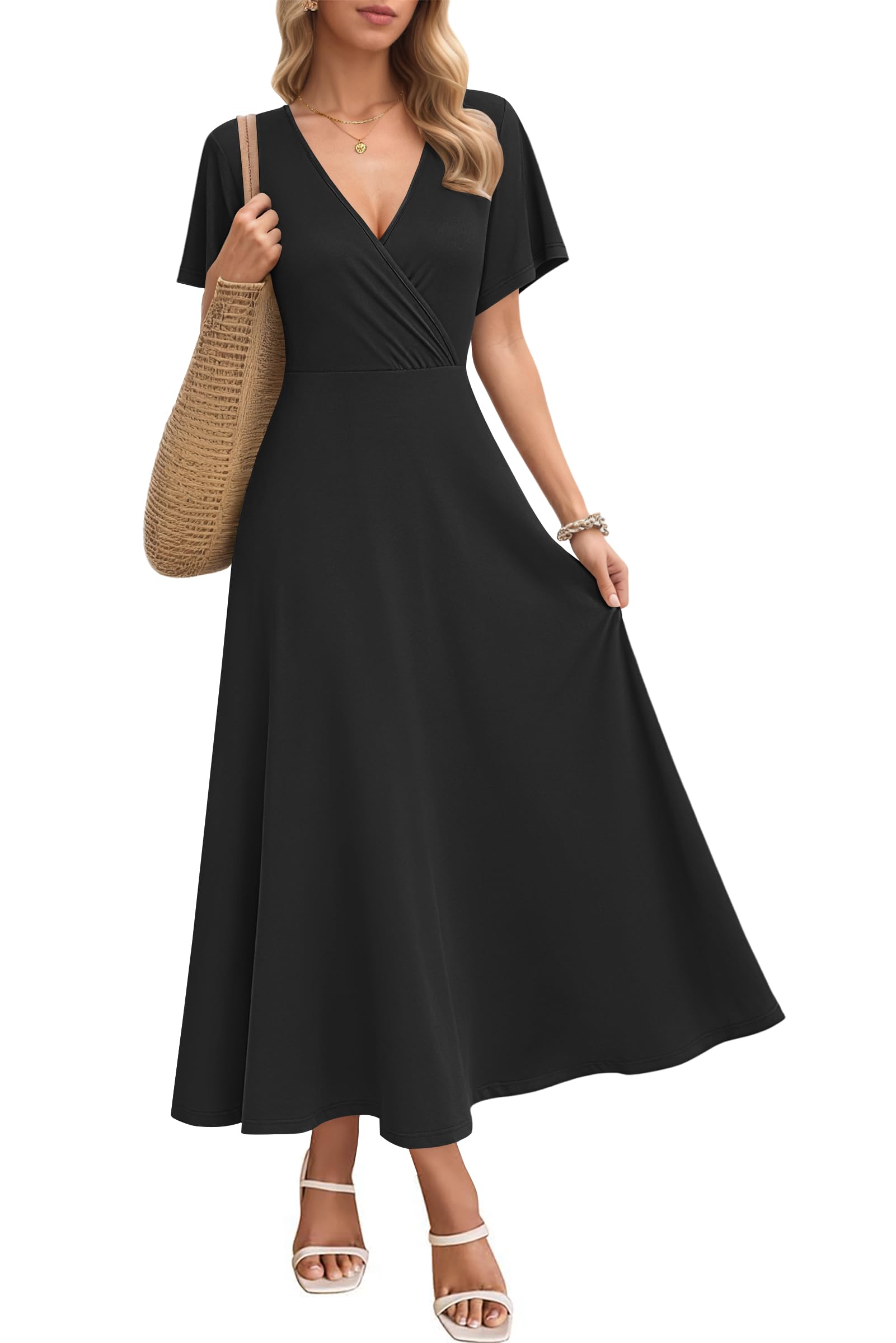 AUSELILY Maxikleider Damen Sommer Kleid Lässig Hohe Taille Lockere Passform Mit Taschen Schwarz S