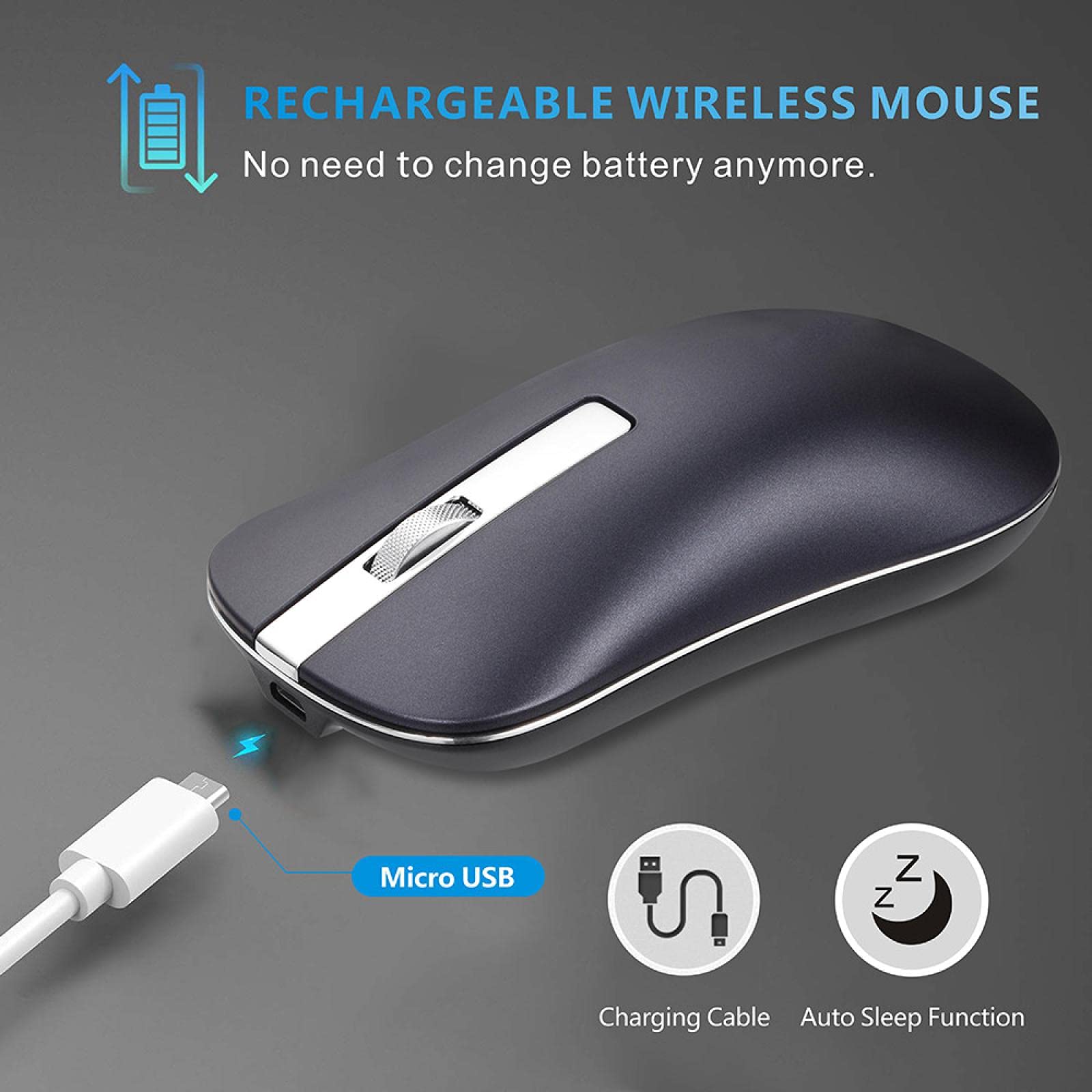 Ładowana mysz bezprzewodowa, mysz komputerowa jest cicha, nadaje się do komputera notebooka PC 2,4 GHz mini USB ergonomiczna bezgłośna mysz 2,4 GHz USB srebrna