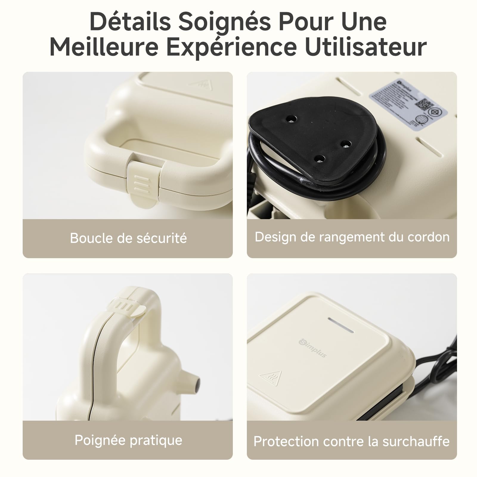 SIMPLUS Appareil à Croque-Monsieur, Grill Panini Sandwich Électrique 650W Antiadhésif PTFE Sans PFOA, Cuisson Rapide 5 min Double Face, Anti-Débordement, Protection Thermique, Steak Œufs Bacon