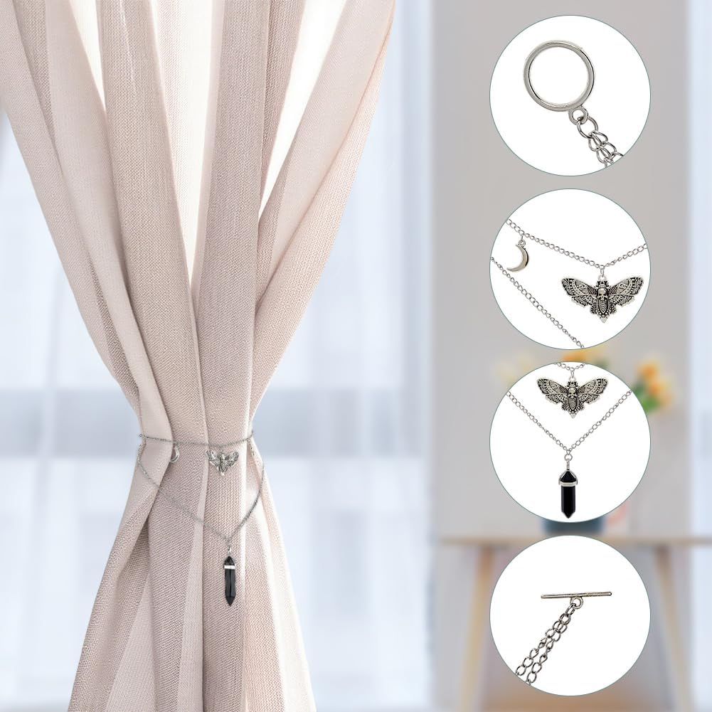 SUPERFINDINGS 2 Pack Decorative Curtain Holdbacks Alloy Pendant Curtain Tiebacks Clips with Toggle Clasps Moon Phase and Natural Obsidian Pendant Window Drapery Tiebacks for Bedroom Drawing