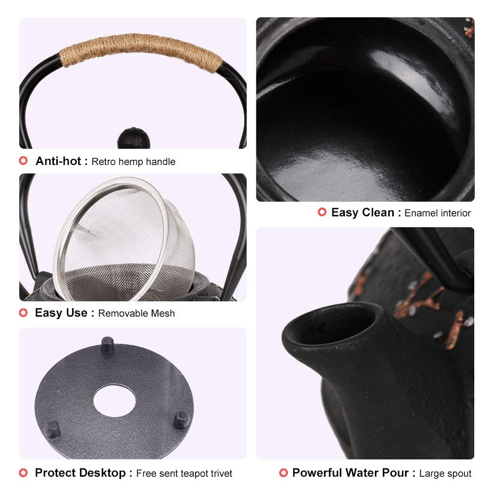 Teekessel aus Gusseisen mit Teetassen Untersetzer japanischer Stil TetsubinTeekessel mit Teesieb Eisen Teeset Geschenk für Erwachsene Vater Mutter Familie (schwarz Elster auf der Pflaume Design)