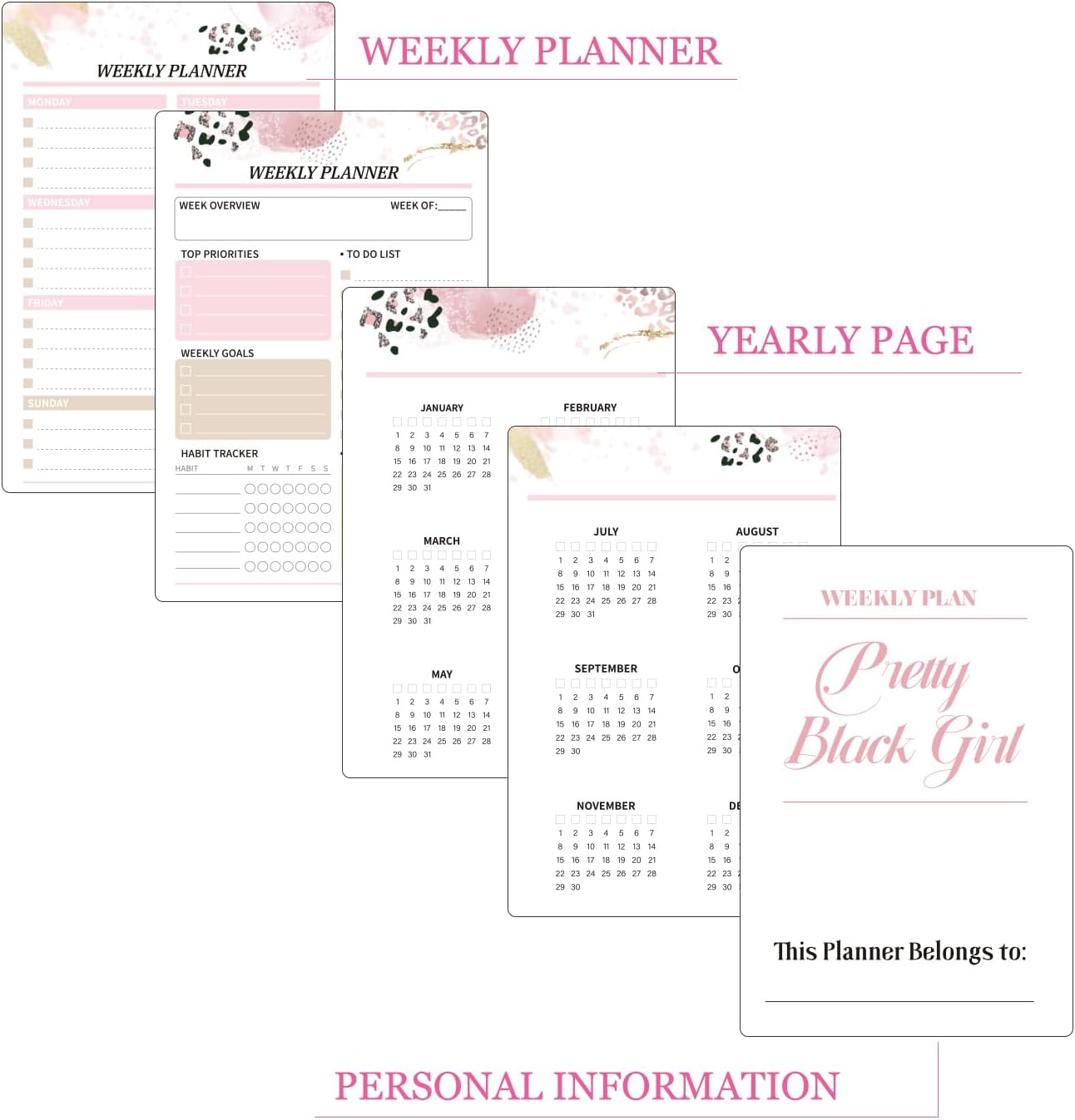 Black Girl Weekly Planner Gift Set - 52 Weeks Undated Planner with 190+ Stickers, Washi Tape, Journal Supplies & Accessories for Teen Girls - Inspirational Productivity Organization Kit, Present Box