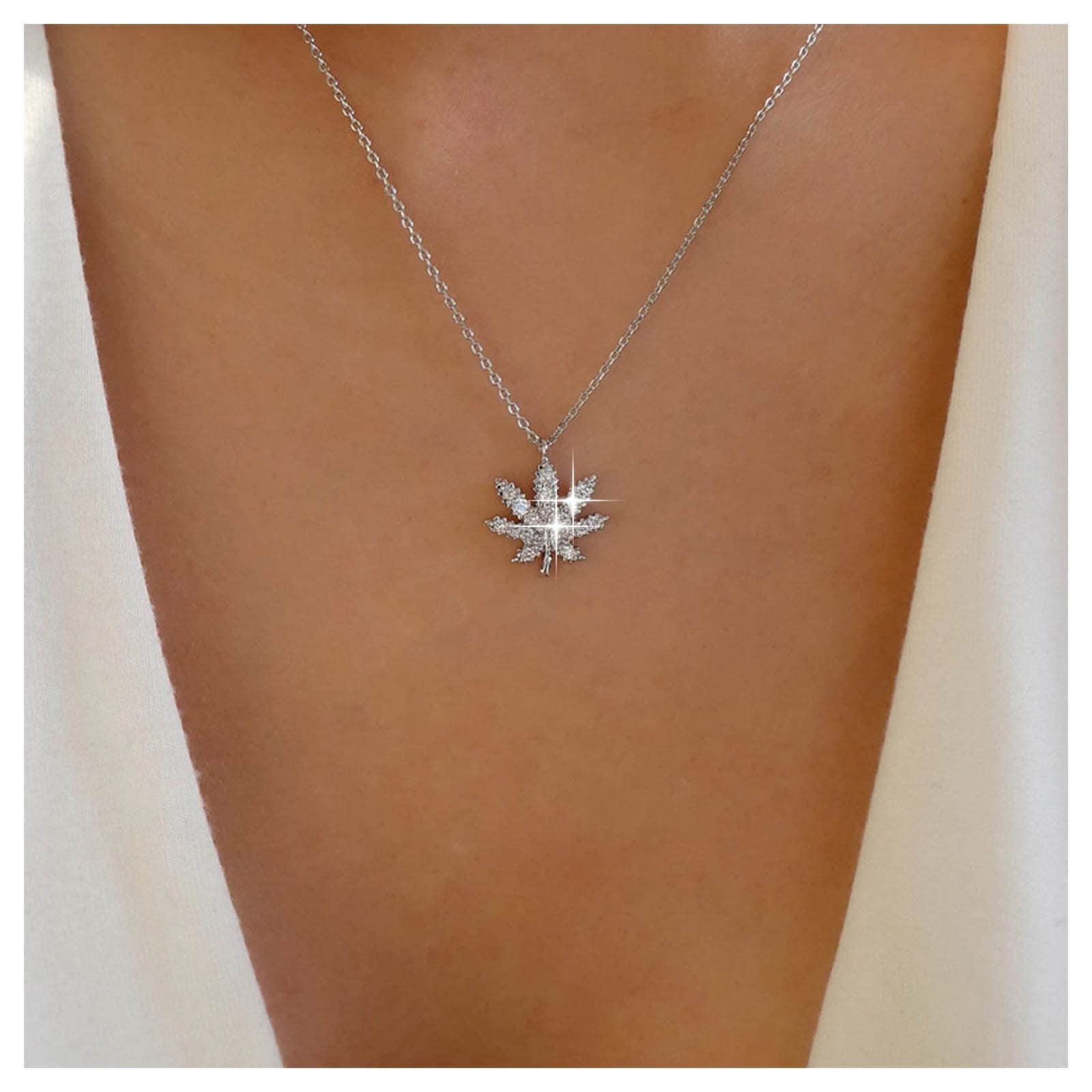 AllereyaVintage Crystal Maple Leaf Necklace Rhinestone Leaf Pendant Necklace Silver Cz Leaf Choker Necklace Boho Leaf Botanical Necklace Jewelry for Women and Girls