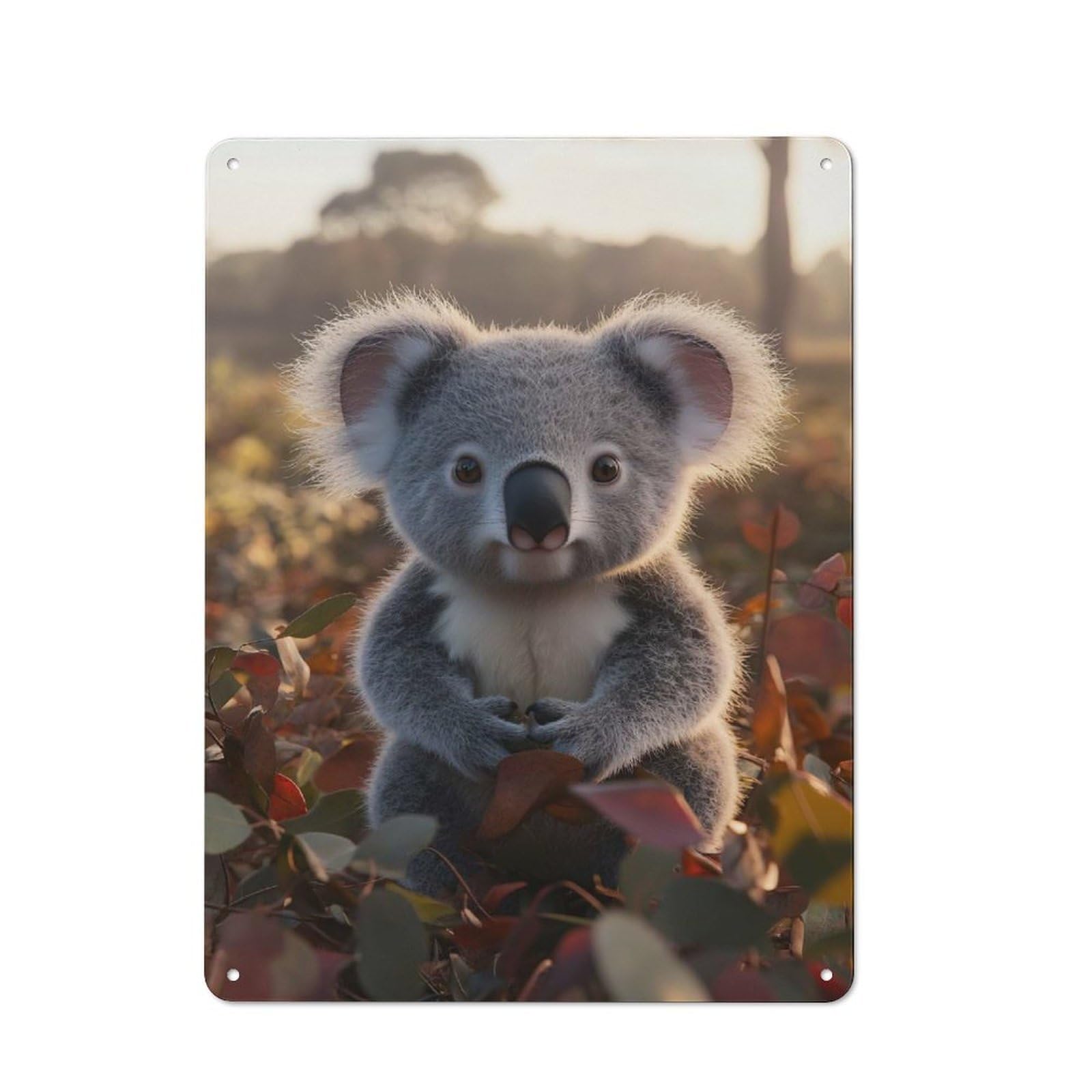 Character Decorative Tin Plaque 40x30cm Featuring Cute Koala in Autumn Leaves, Home Wall Decor for Flat, Dorm Room, Lounge Or Cafe